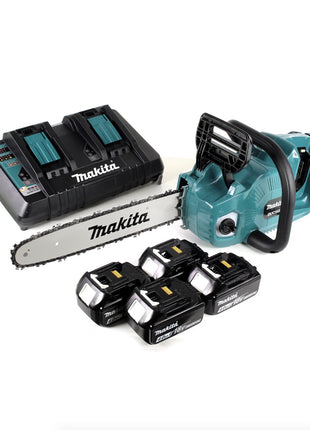 Makita DUC 355 PM4 Akku Kettensäge 36V ( 2x18V ) Brushless 35 cm + 4x 4,0 Ah Akku + Doppelladegerät - Toolbrothers