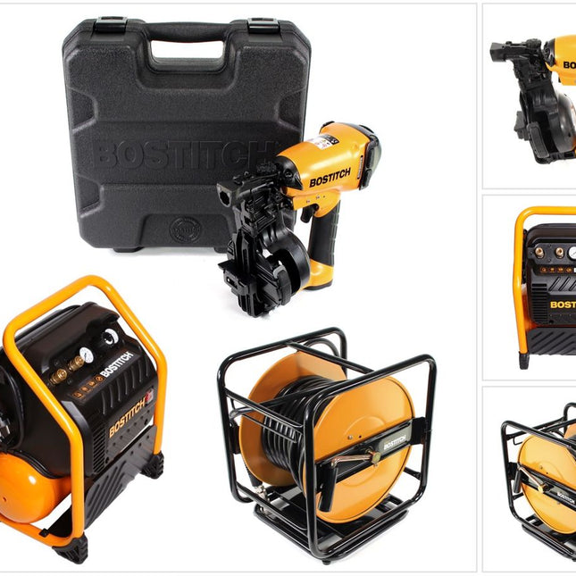 Bostitch RN46K-1-E CT Druckluft Nagler + RC10SQ-E Baustellen Kompressor + CPACK30 Druckluftschlauch 30m + Koffer - Toolbrothers