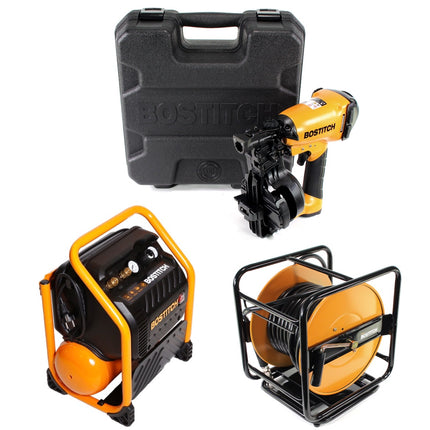 Bostitch RN46K-1-E CT Druckluft Nagler + RC10SQ-E Baustellen Kompressor + CPACK30 Druckluftschlauch 30m + Koffer - Toolbrothers