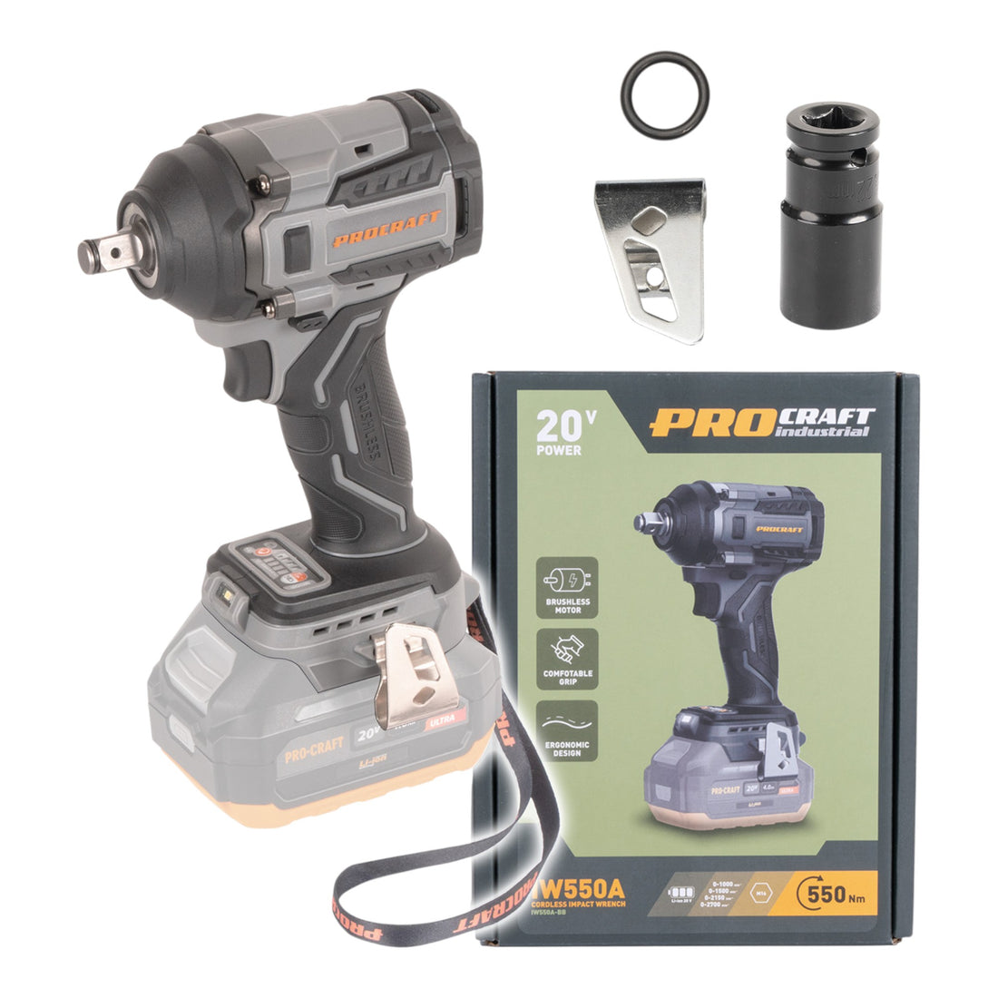 Procraft Industrial IW550Abb Clé à choc sans fil 20 V 550 Nm 1/2" Solo - sans batterie, sans chargeur