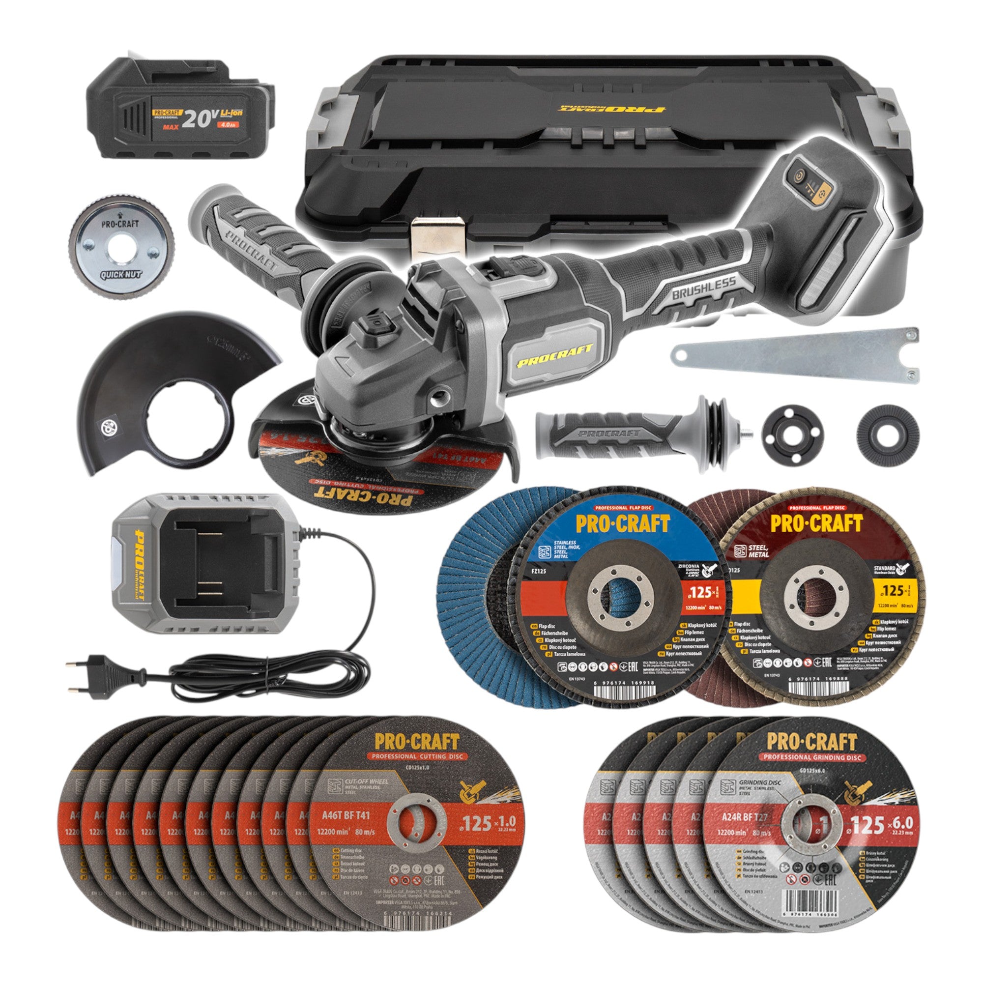 Procraft Industrial AG125B CD Akku Winkelschleifer 20 V 125 mm Brushless 1x Akku 4 0 Ah Ladegeraet Koffer 0 - toolbrothers