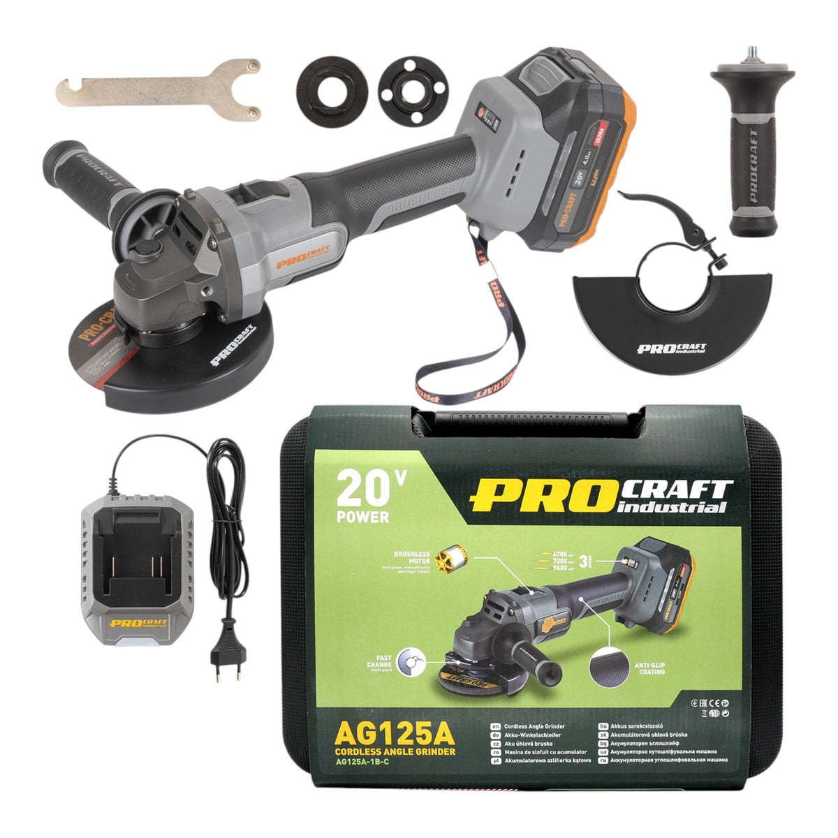 Procraft Industrial AG125A Meuleuse d'angle sans fil 20 V 125 mm Brushless + 1x batterie 4,0 Ah + chargeur + coffret