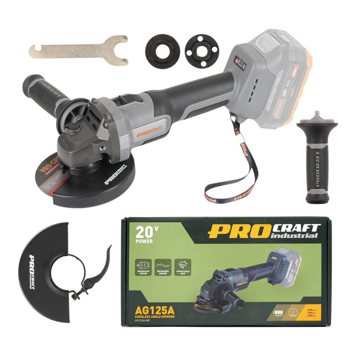 Procraft Industrial AG125Abb Meuleuse d'angle sans fil 20 V 125 mm Brushless Solo - sans batterie, sans chargeur