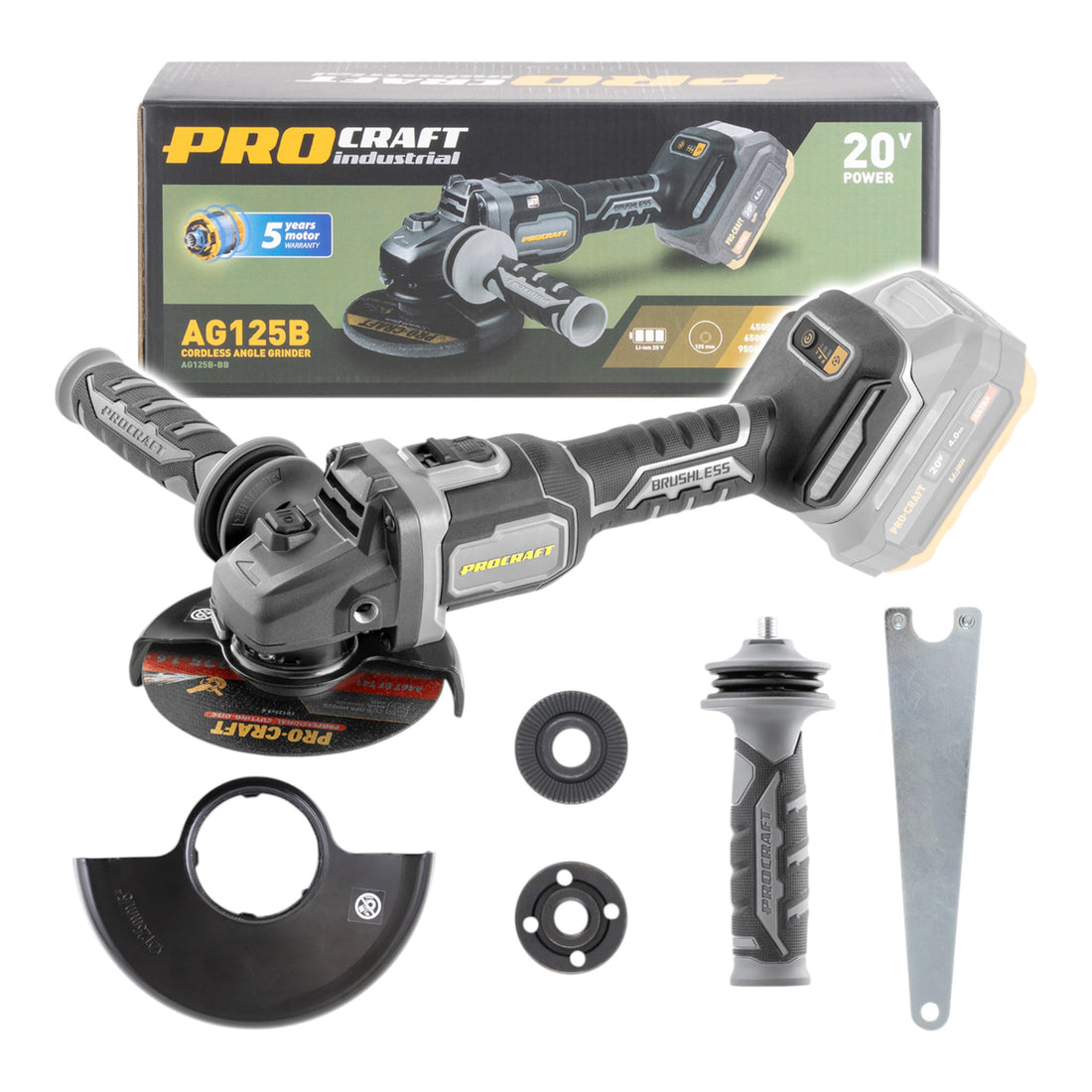 Procraft Industrial AG125Bbb Meuleuse d'angle sans fil 20 V 125 mm Brushless Solo - sans batterie, sans chargeur
