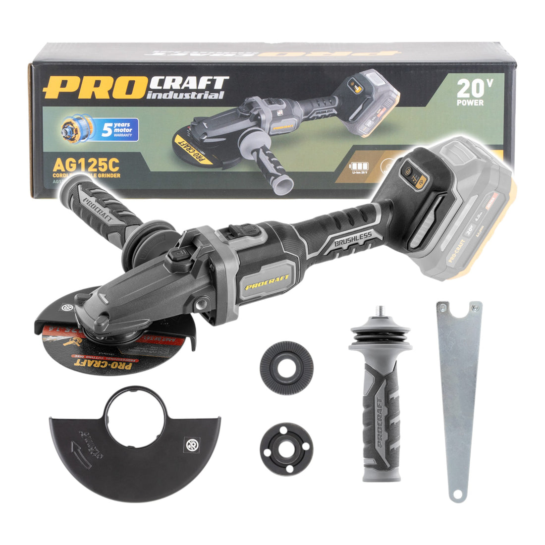 Procraft Industrial AG125Cbb Meuleuse d'angle sans fil à tête plate 20 V 125 mm Brushless Solo - sans batterie, sans chargeur