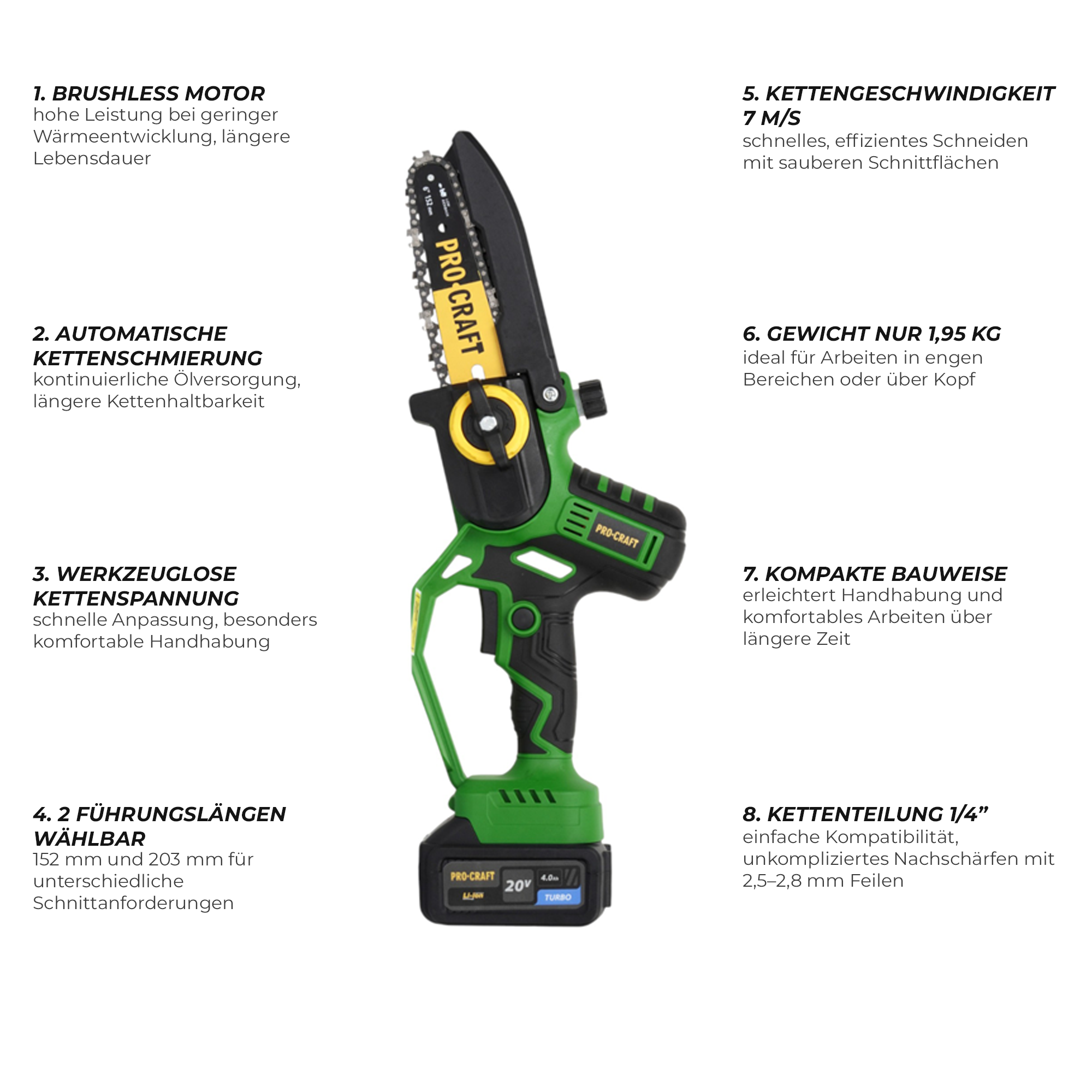 Procraft PKA32Li tronçonneuse à chaîne sans fil 20 V 203 mm Brushless + 1x batterie 4,0 Ah + chargeur + coffret