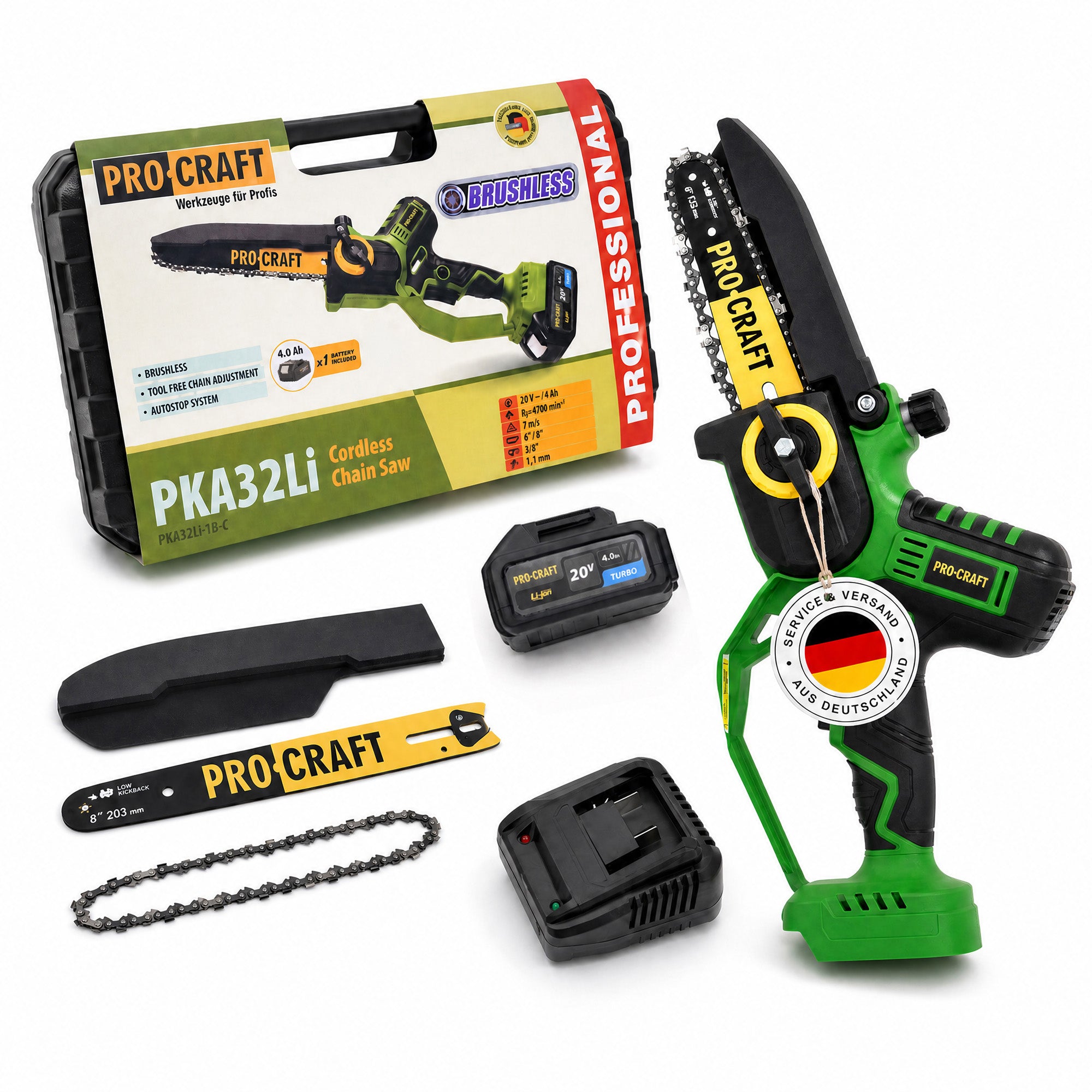 Procraft PKA32Li Akku Kettensaege 20 V 203 mm Brushless 1x Akku 4 0 Ah Ladegeraet Koffer 0 - toolbrothers
