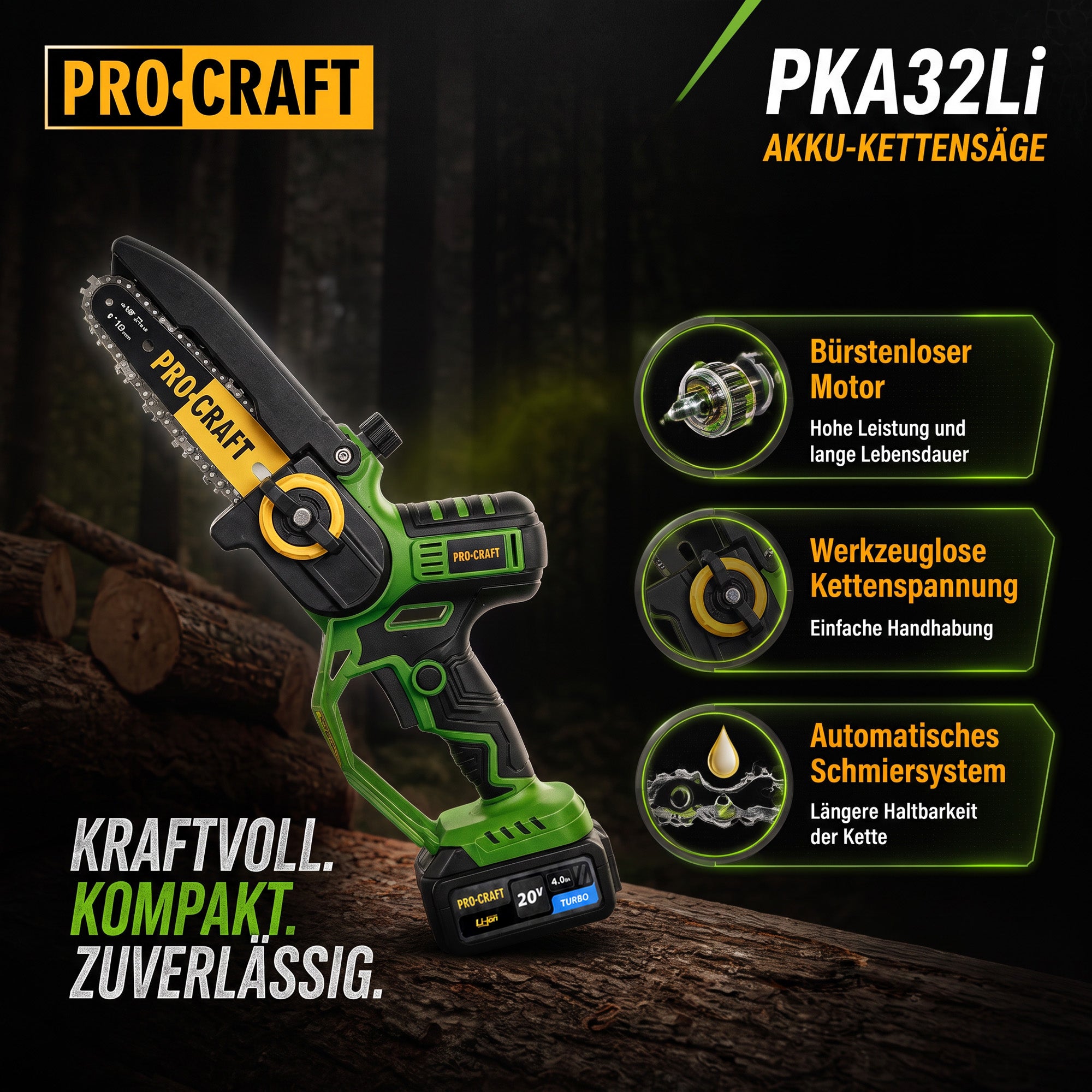 Procraft PKA32Li Akku Kettensaege 20 V 203 mm Brushless 1x Akku 4 0 Ah Ladegeraet Koffer 1 - toolbrothers