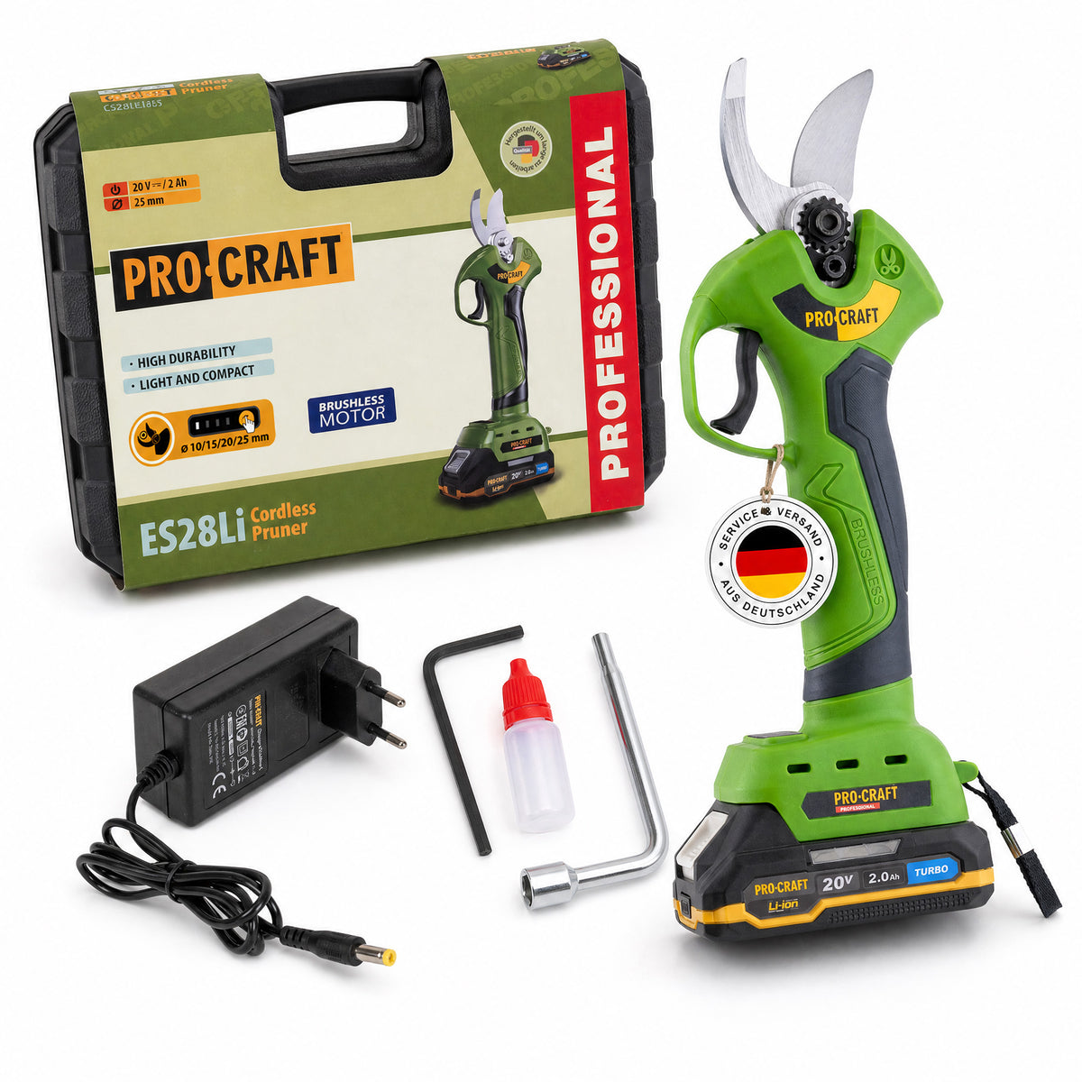 Procraft ES28Li élagueur sans fil 20 V Brushless + 1x batterie 2,0 Ah + chargeur + coffret