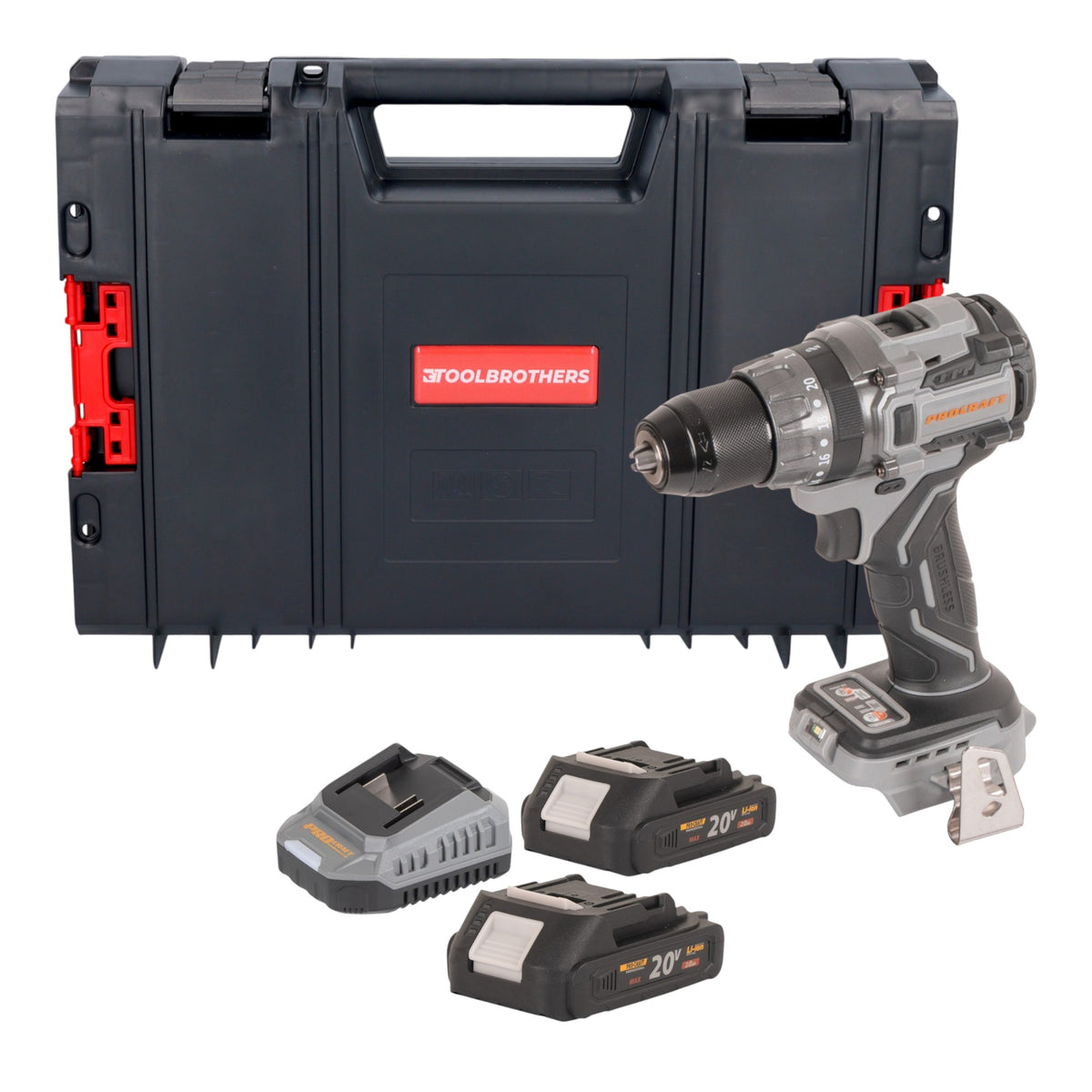 Procraft CD20Abb Perceuse-visseuse sans fil 20 V 85 Nm + 2x batterie 2,0 Ah + chargeur + boîte à outils RHINO