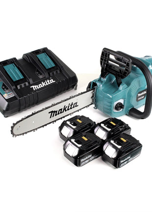 Makita DUC 353 PM4 Akku Kettensäge 36V ( 2x18V ) Brushless 35 cm + 4x 4,0 Ah Akku + Doppelladegerät - Toolbrothers