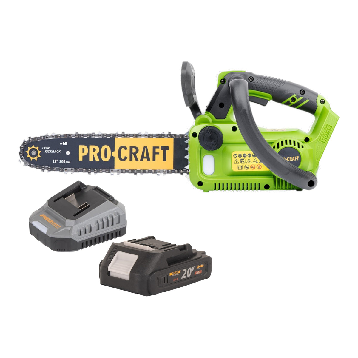 Procraft PKA42Libb Tronçonneuse à chaîne sans fil 20 V 304 mm Brushless + 1x batterie 2,0 Ah + chargeur