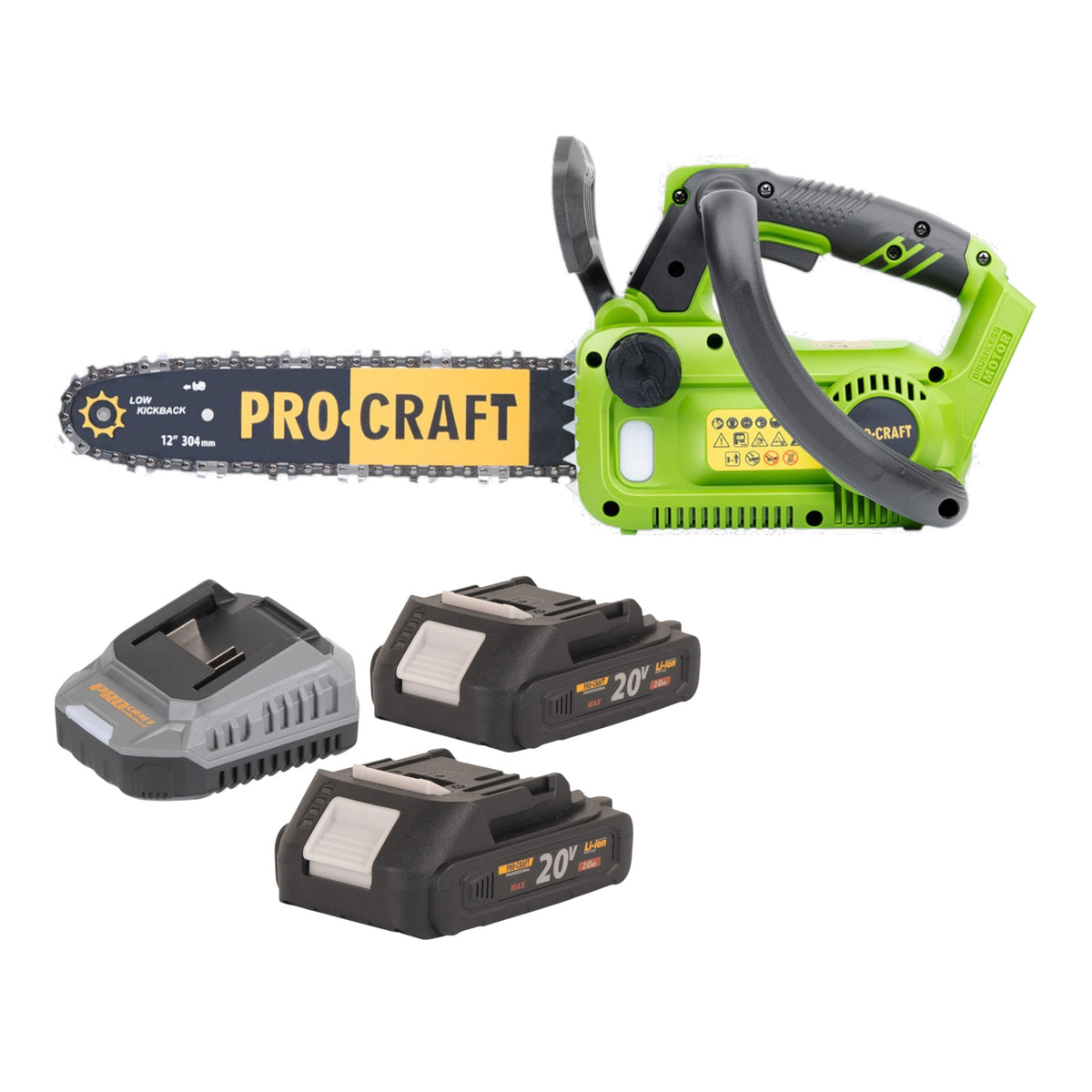 Procraft PKA42Libb Tronçonneuse à chaîne sans fil 20 V 304 mm Brushless + 2x batterie 2,0 Ah + chargeur