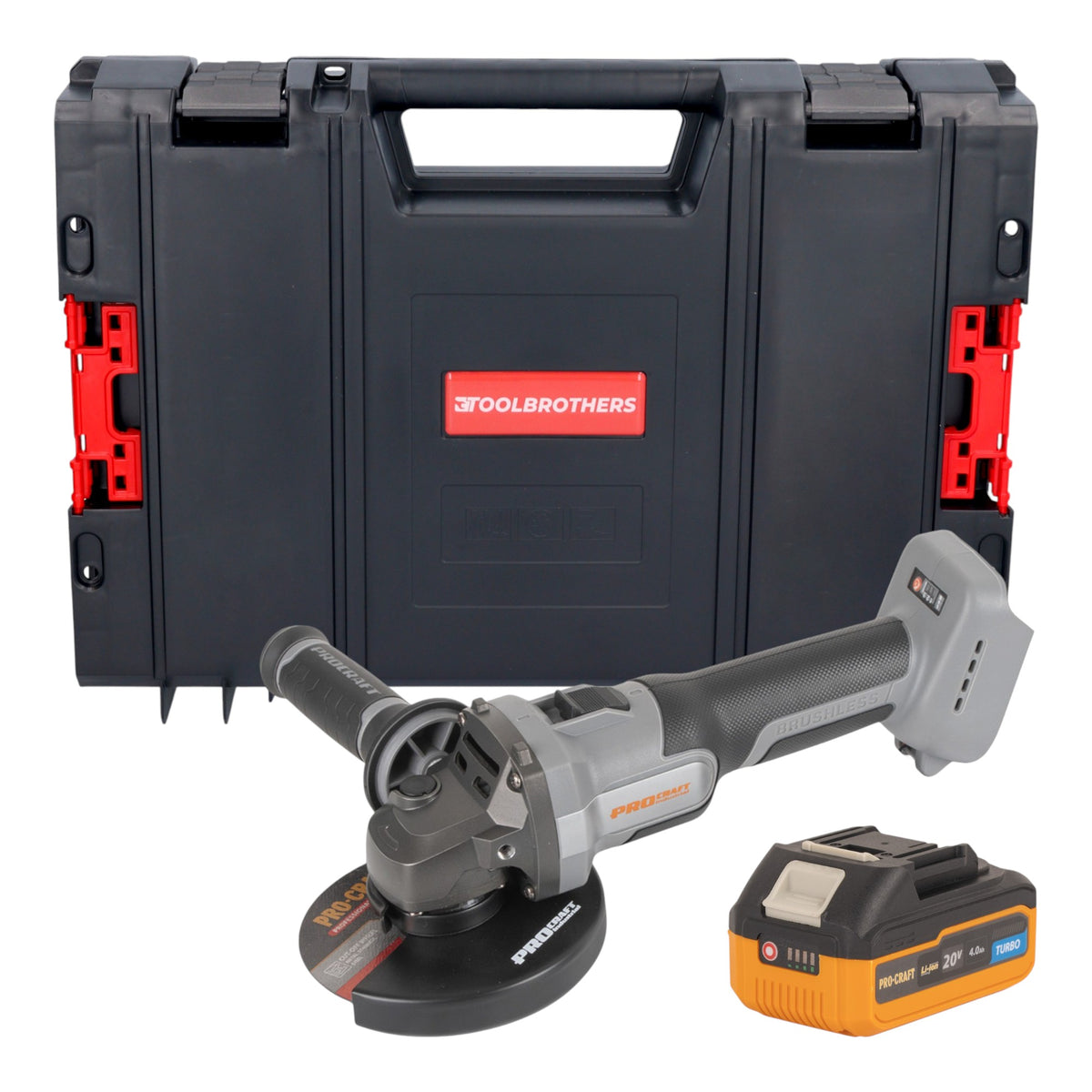 Procraft Industrial AG125Abb Meuleuse d'angle sans fil 20 V 125 mm Brushless + 1x batterie 4,0 Ah + boîte à outils RHINO - sans chargeur