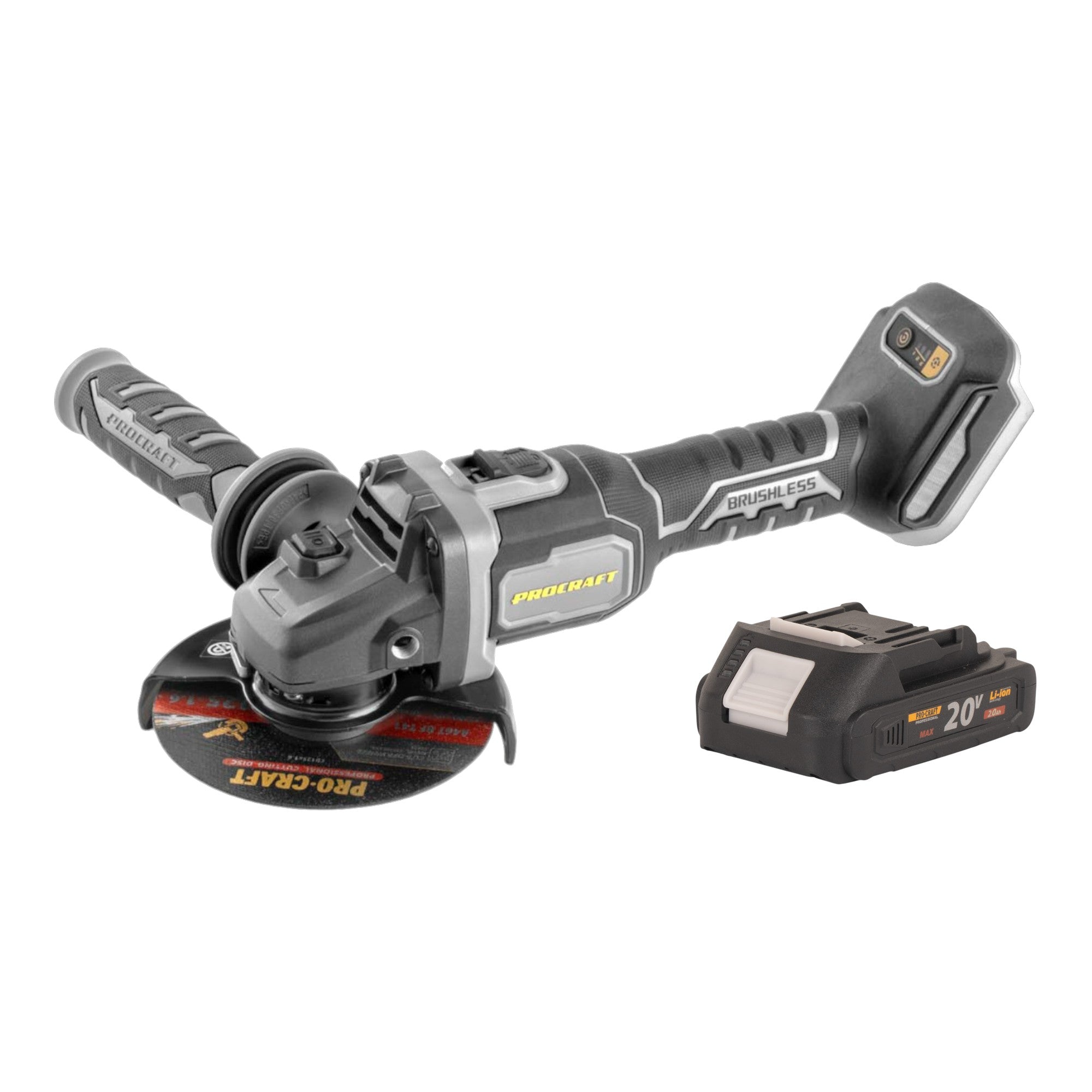 Procraft Industrial AG125Bbb Akku Winkelschleifer 20 V 125 mm Brushless 1x Akku 2 0 Ah ohne Ladegeraet 0 - toolbrothers
