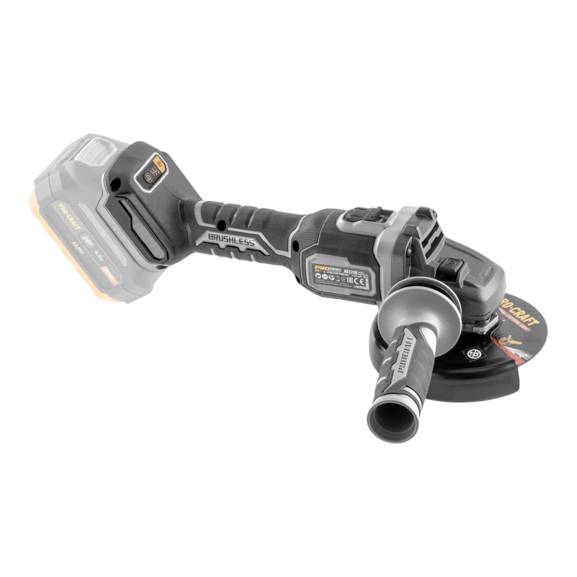 Procraft Industrial AG125Bbb Akku Winkelschleifer 20 V 125 mm Brushless 1x Akku 2 0 Ah ohne Ladegeraet 4 - toolbrothers