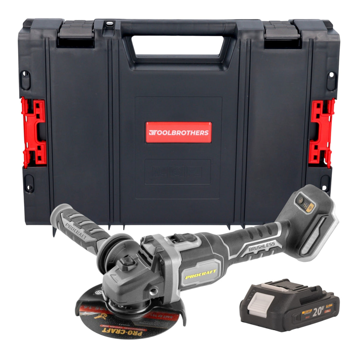 Procraft Industrial AG125Bbb Meuleuse d'angle sans fil 20 V 125 mm Brushless + 1x batterie 2,0 Ah + RHINO Toolcase - sans chargeur