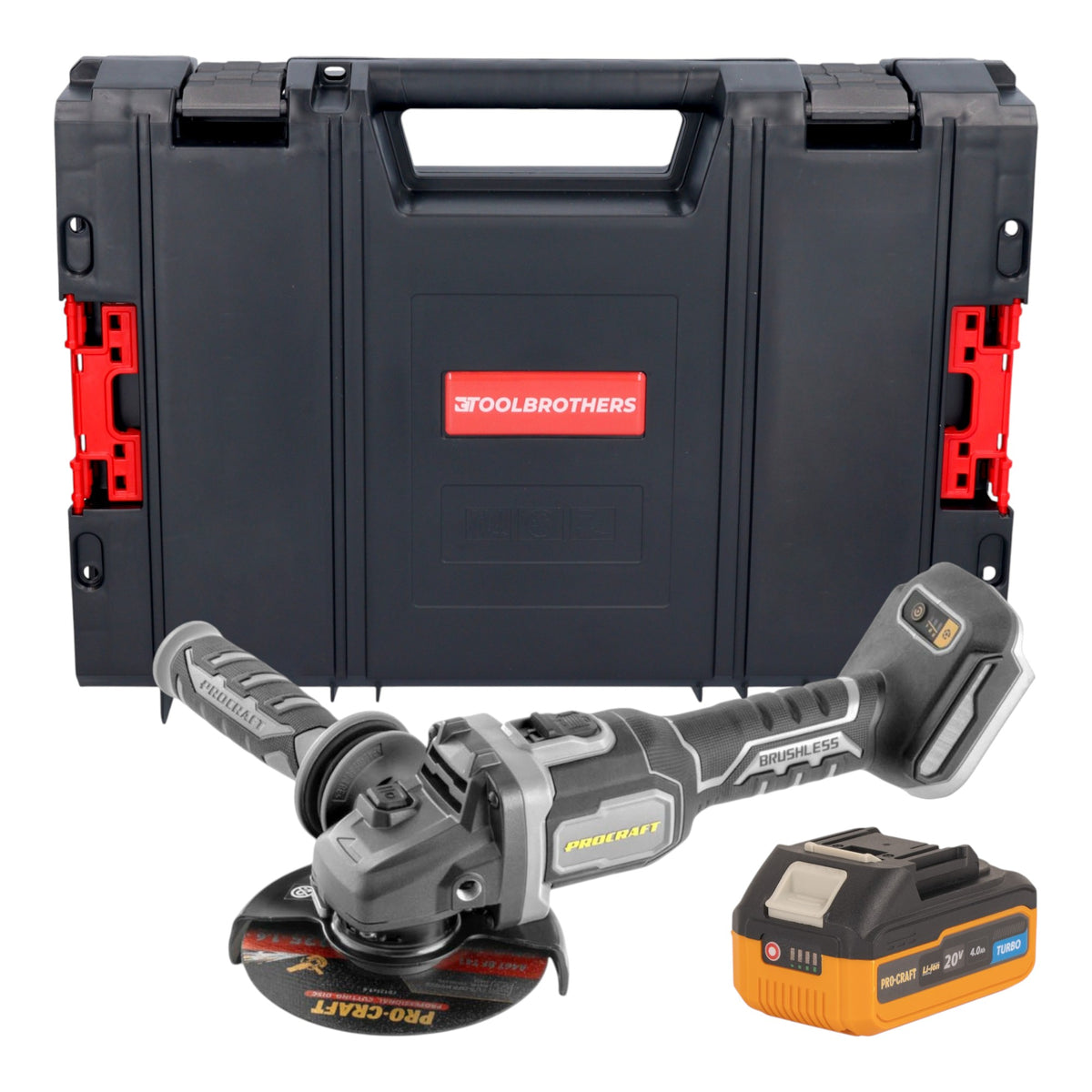 Procraft Industrial AG125Bbb Meuleuse d'angle sans fil 20 V 125 mm Brushless + 1x batterie 4,0 Ah + boîte à outils RHINO - sans chargeur