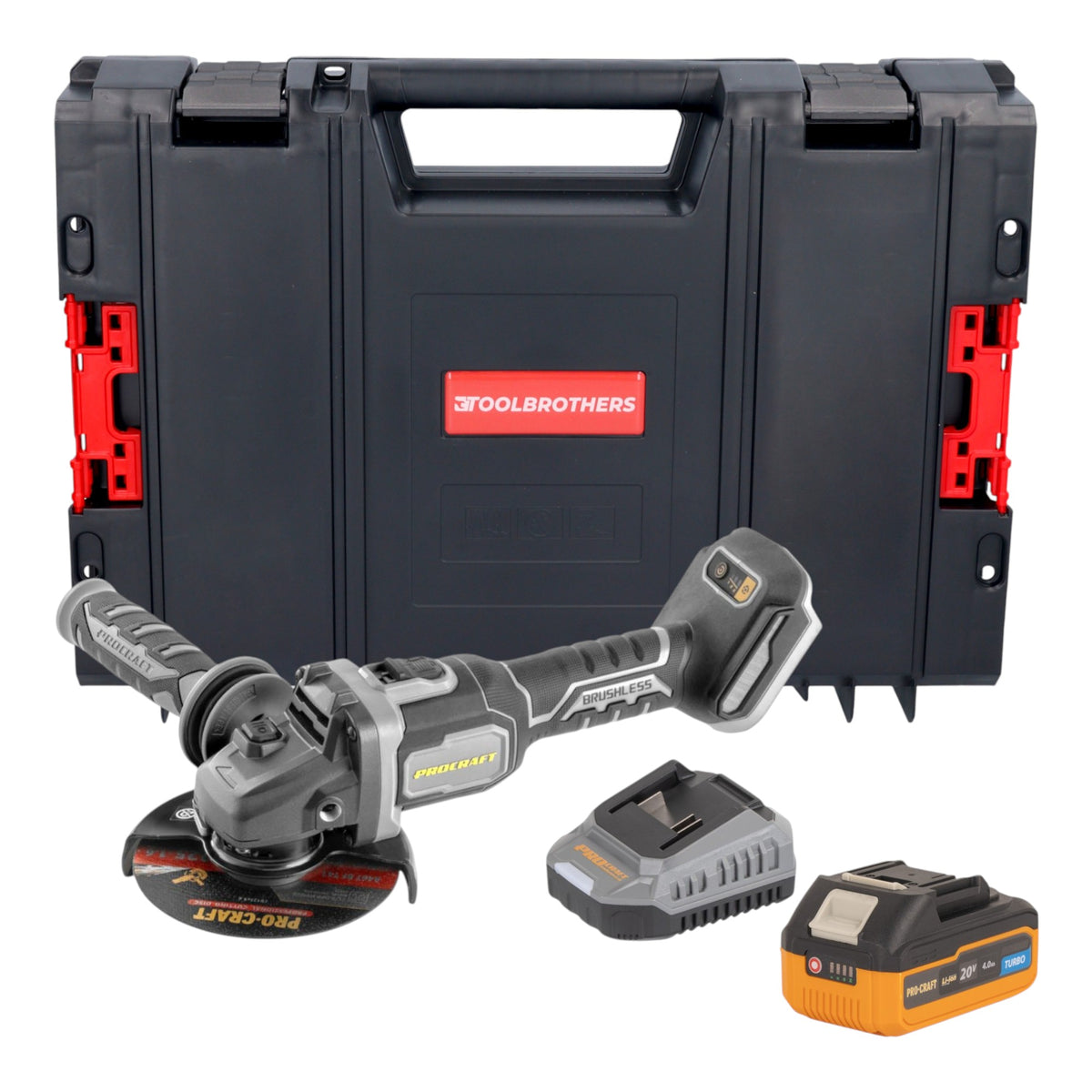 Procraft Industrial AG125Bbb Meuleuse d'angle sans fil 20 V 125 mm Brushless + 1x batterie 4,0 Ah + chargeur + boîte à outils RHINO