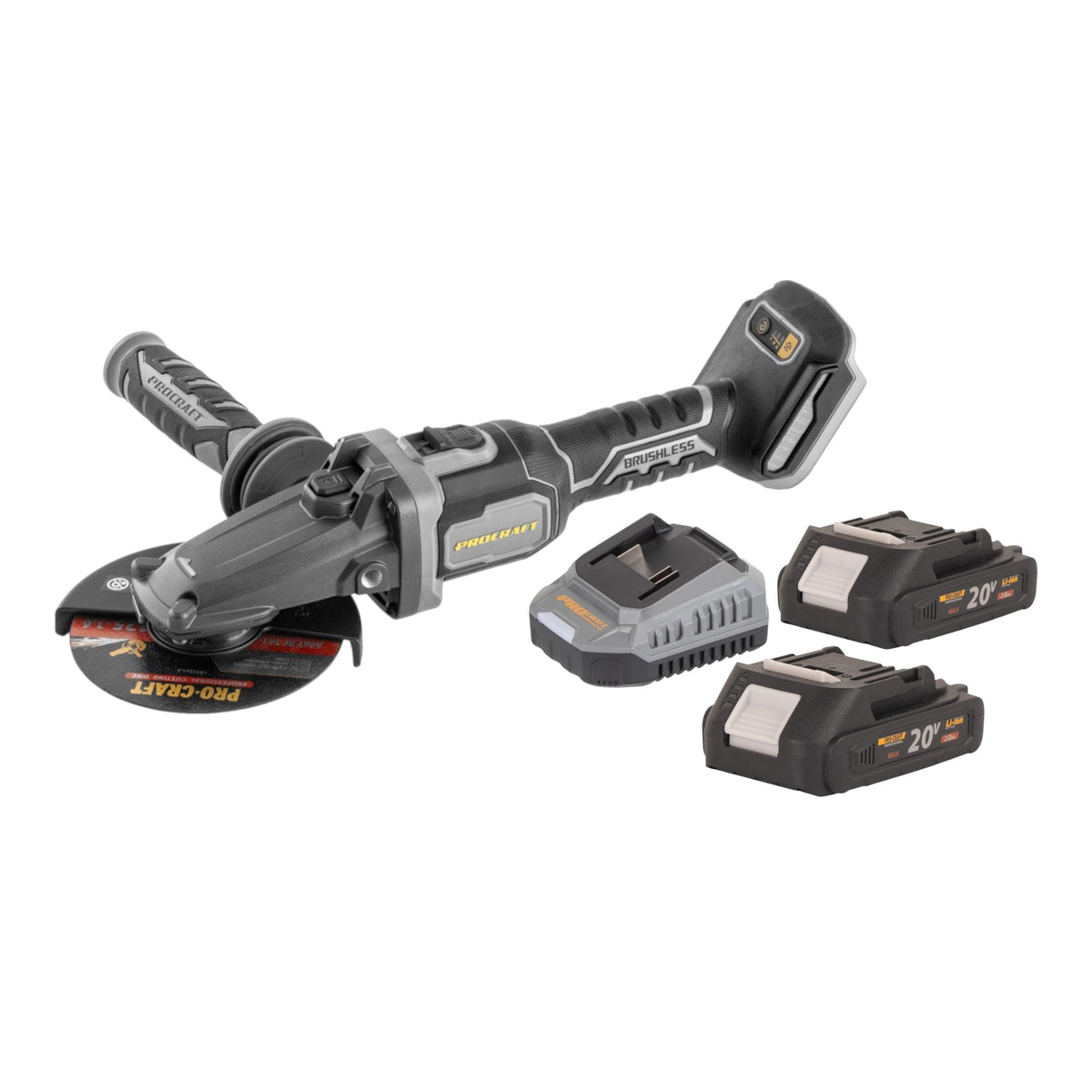 Procraft Industrial AG125Cbb Meuleuse d'angle sans fil à tête plate 20 V 125 mm Brushless + 2x batterie 2,0 Ah + chargeur