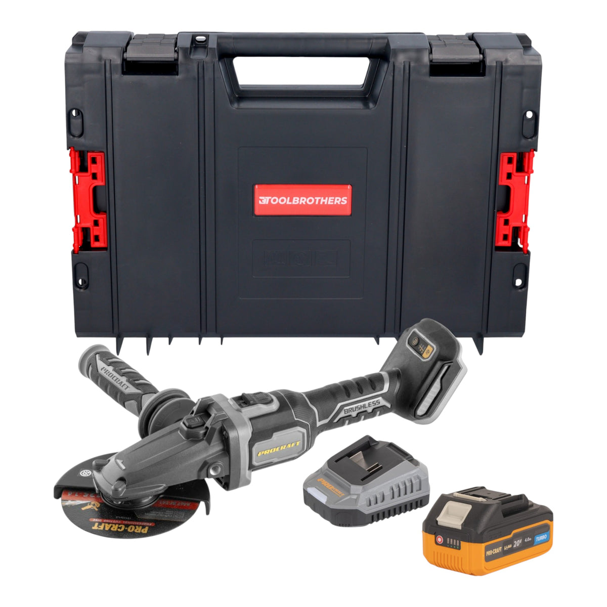 Procraft Industrial AG125Cbb Meuleuse d'angle sans fil à tête plate 20 V 125 mm Brushless + 1x batterie 4,0 Ah + chargeur + boîte à outils RHINO