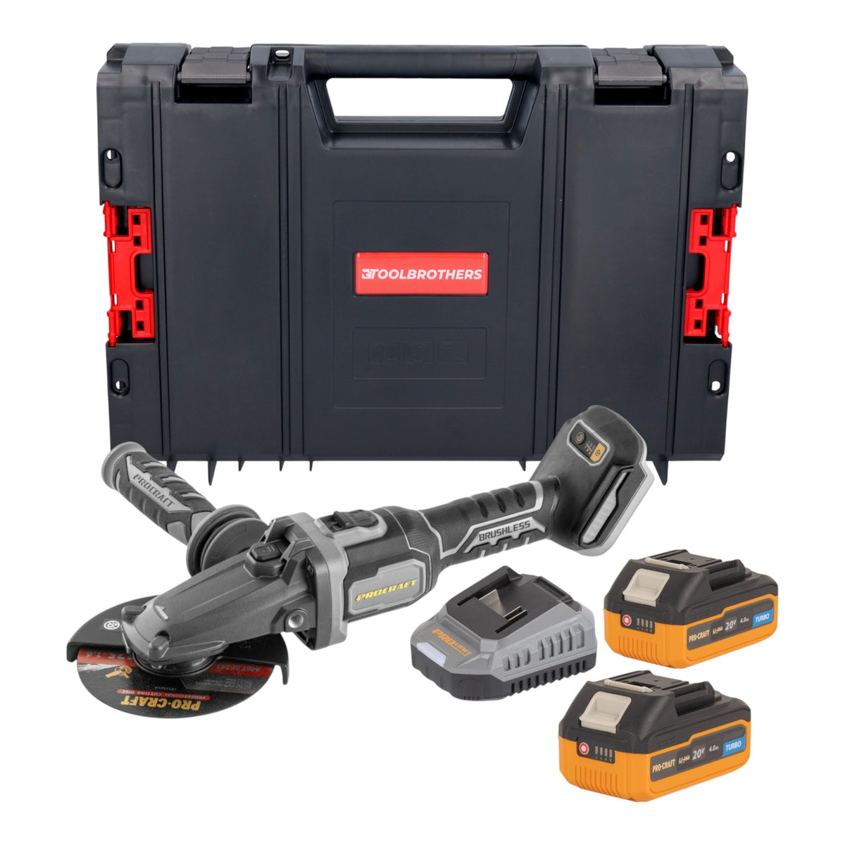 Procraft Industrial AG125Cbb Meuleuse d'angle sans fil à tête plate 20 V 125 mm Brushless + 2x batterie 4,0 Ah + chargeur + boîte à outils RHINO