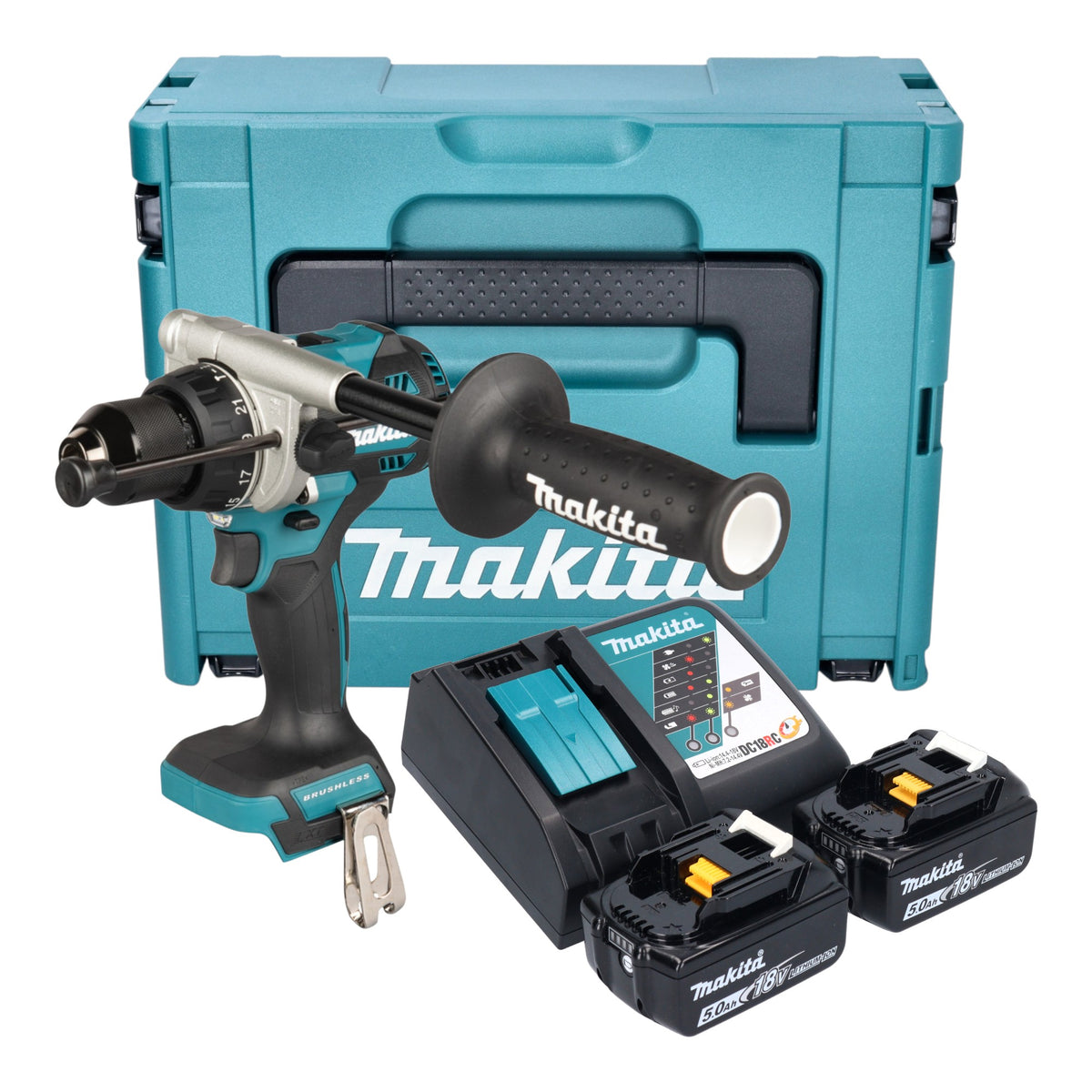 Makita DHP 492 RTJ Perceuse-visseuse à percussion sans fil 18 V 141 Nm Brushless + 2x batterie 5,0 Ah + chargeur + Makpac