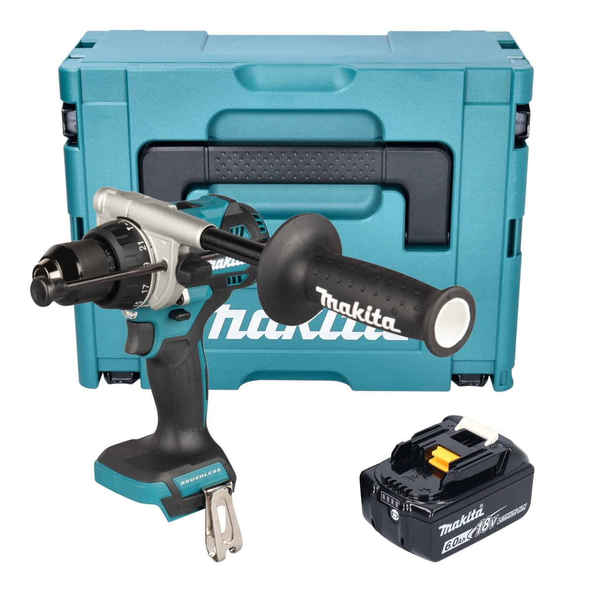 Makita DHP 492 G1J Perceuse-visseuse à percussion sans fil 18 V 141 Nm Brushless + 1x batterie 6,0 Ah + Makpac - sans chargeur