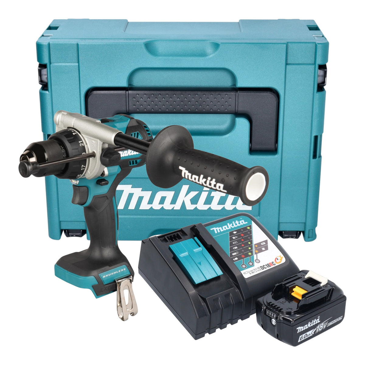 Makita DHP 492 RG1J Perceuse-visseuse à percussion sans fil 18 V 141 Nm Brushless + 1x batterie 6,0 Ah + chargeur + Makpac
