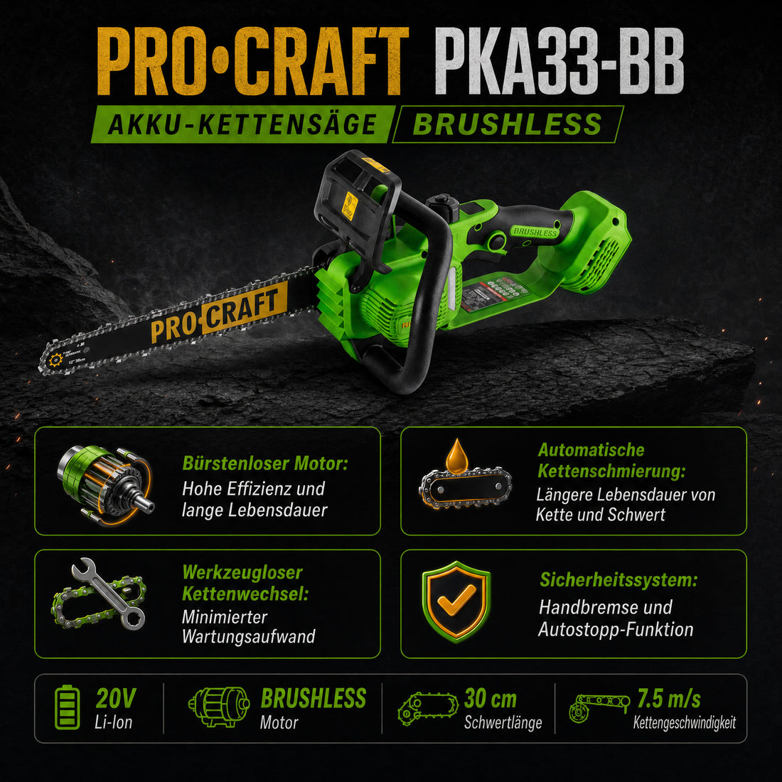 Procraft PKA33-BB Tronçonneuse à chaîne sans fil 20 V 304 mm Brushless Solo - sans batterie, sans chargeur