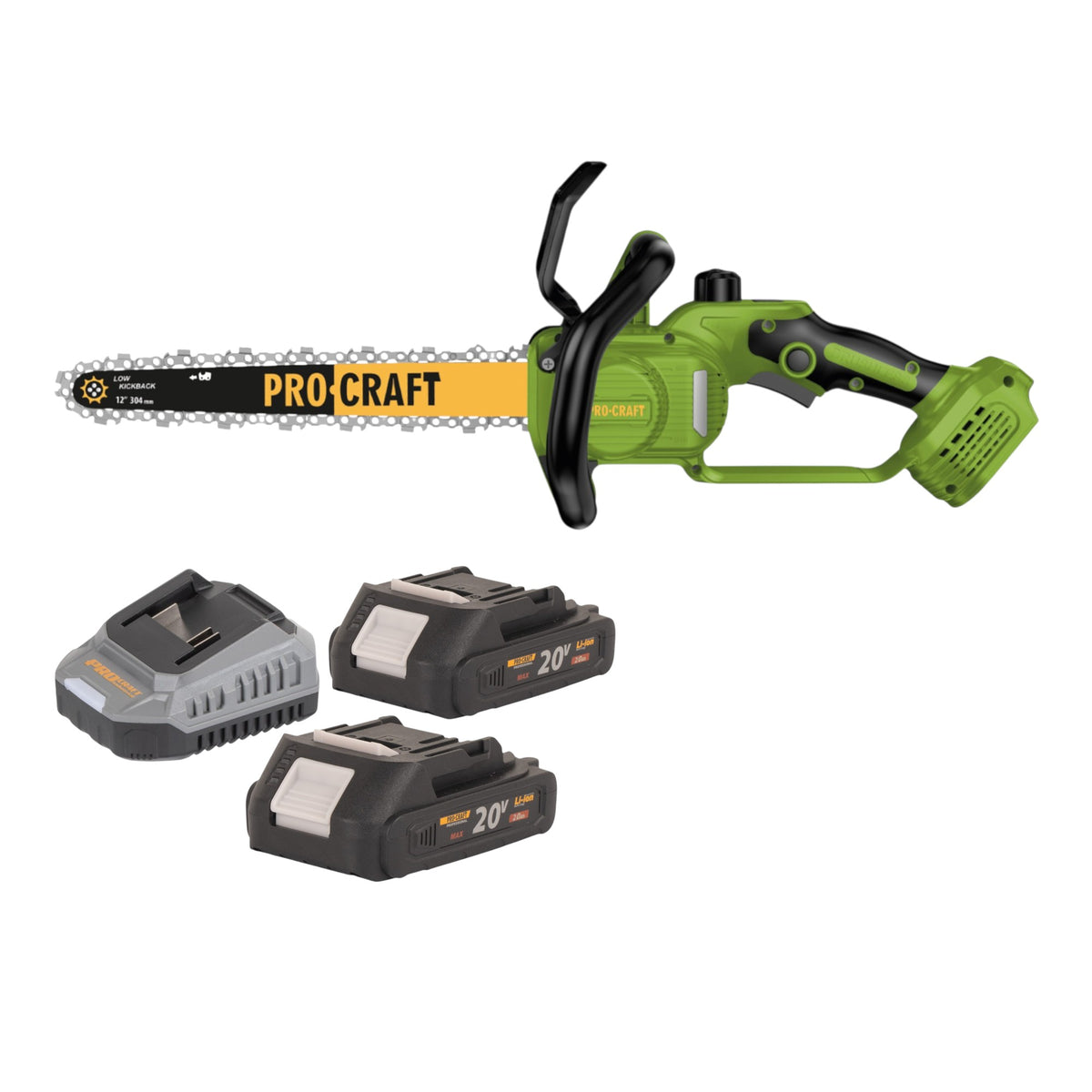 Procraft PKA33-BB Tronçonneuse à chaîne sans fil 20 V 304 mm Brushless + 2x batterie 2,0 Ah + chargeur
