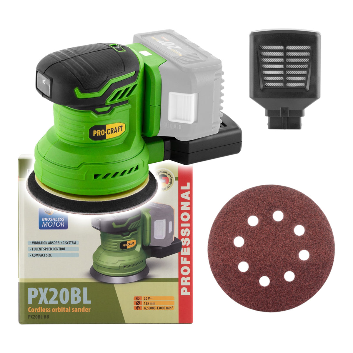 Procraft PX20BLbb Ponceuse excentrique sans fil 20 V 125 mm Brushless Solo - sans batterie, sans chargeur