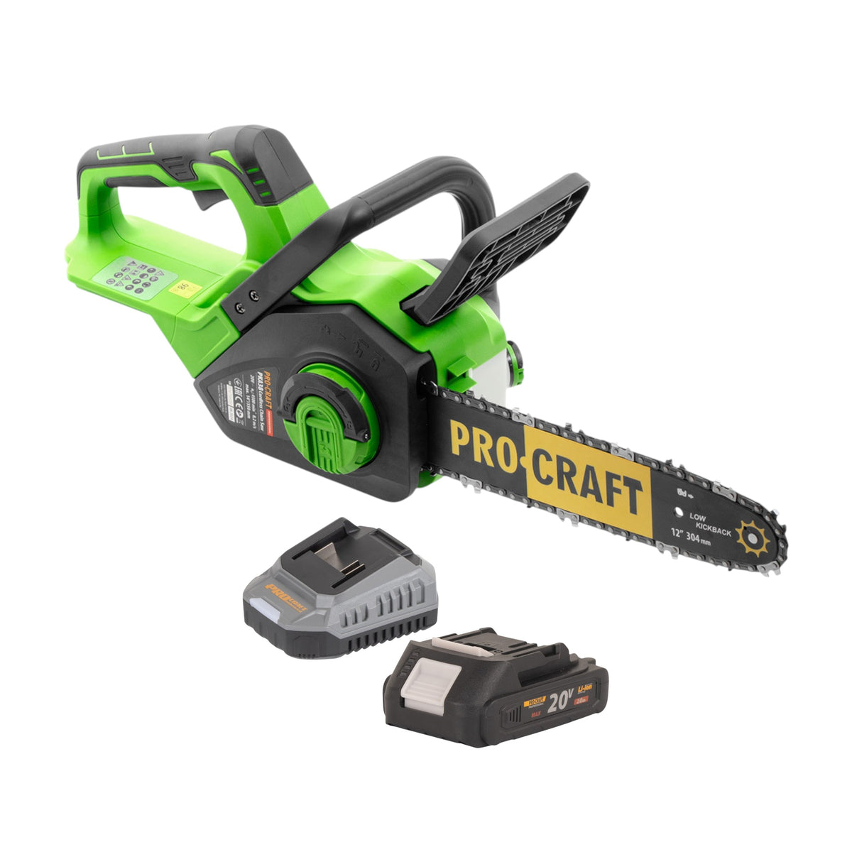 Procraft PKA38 Tronçonneuse à chaîne sans fil 20 V 304 mm Brushless + 1x batterie 2,0 Ah + chargeur
