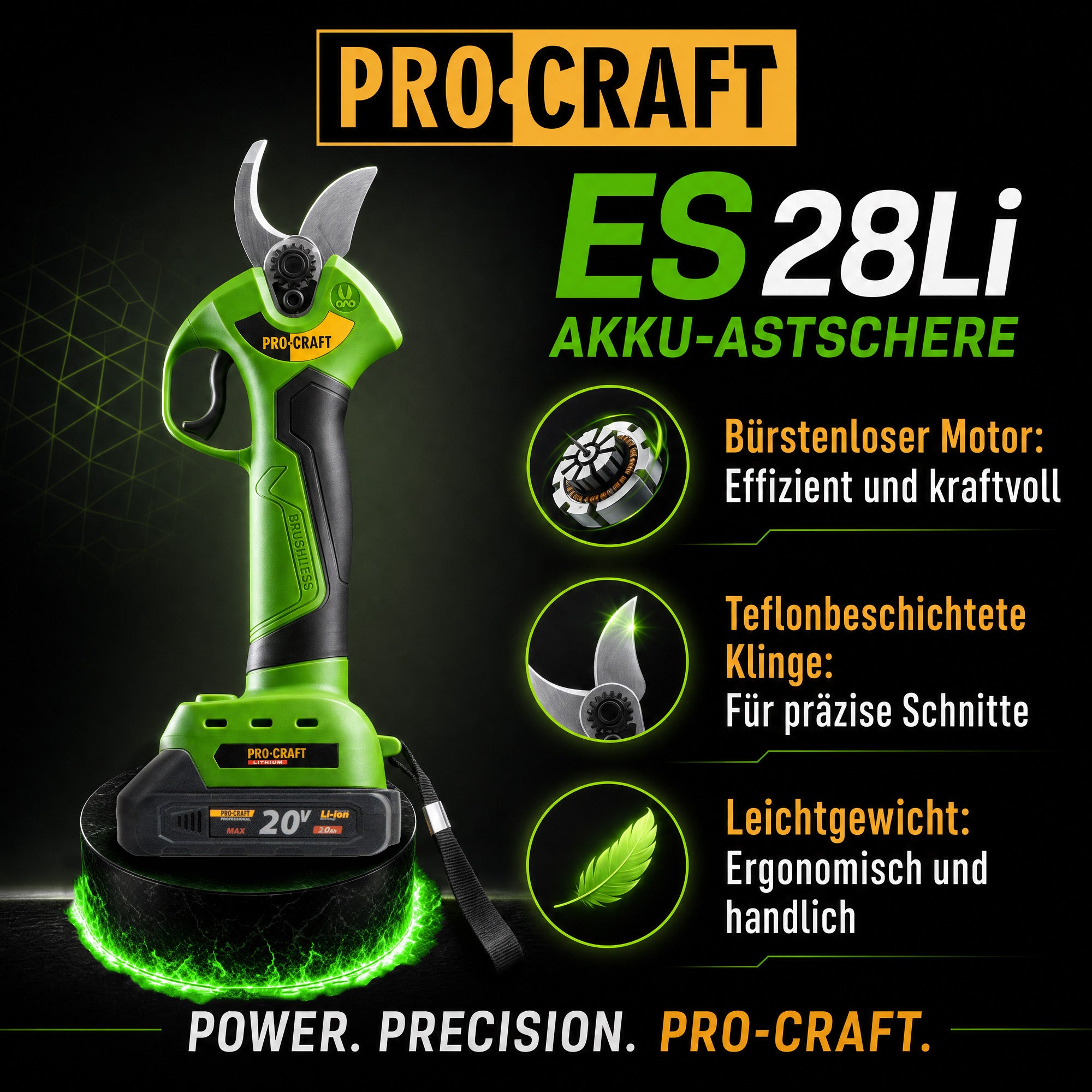 Procraft ES28Li bb Akku Astschere Gartenschere 20 V 25 mm 1x Akku 2 0 Ah Ladegeraet 1 - toolbrothers