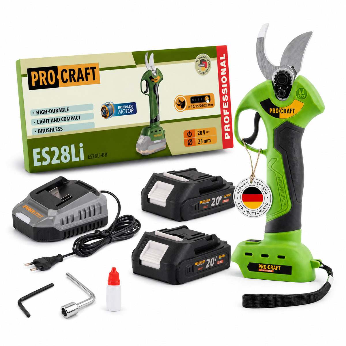 Procraft ES28Li bb Batterie sécateur 20 V 25 mm + 2x batterie 2,0 Ah + chargeur