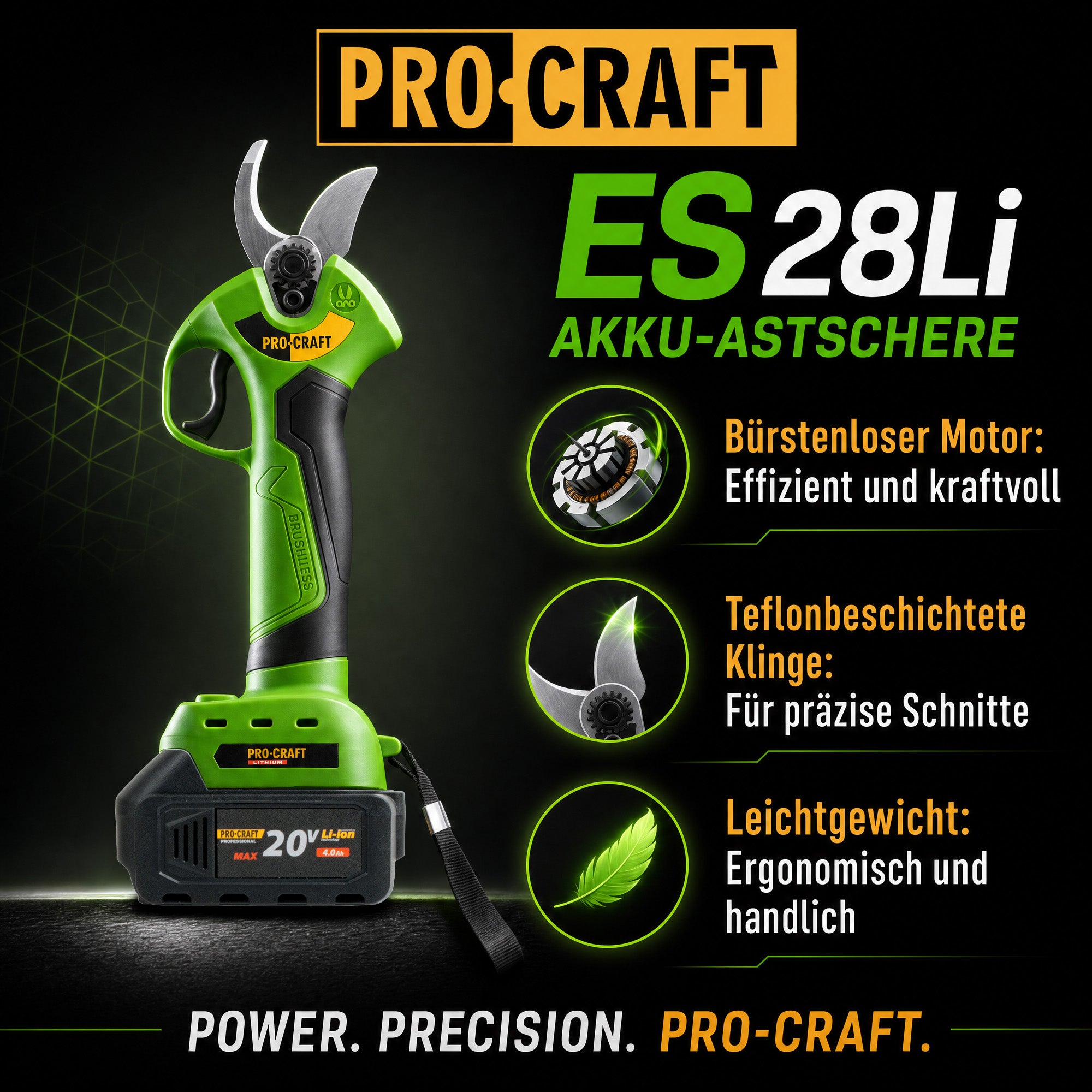 Procraft ES28Li bb Akku Astschere Gartenschere 20 V 25 mm 1x Akku 4 0 Ah ohne Ladegeraet 1 - toolbrothers