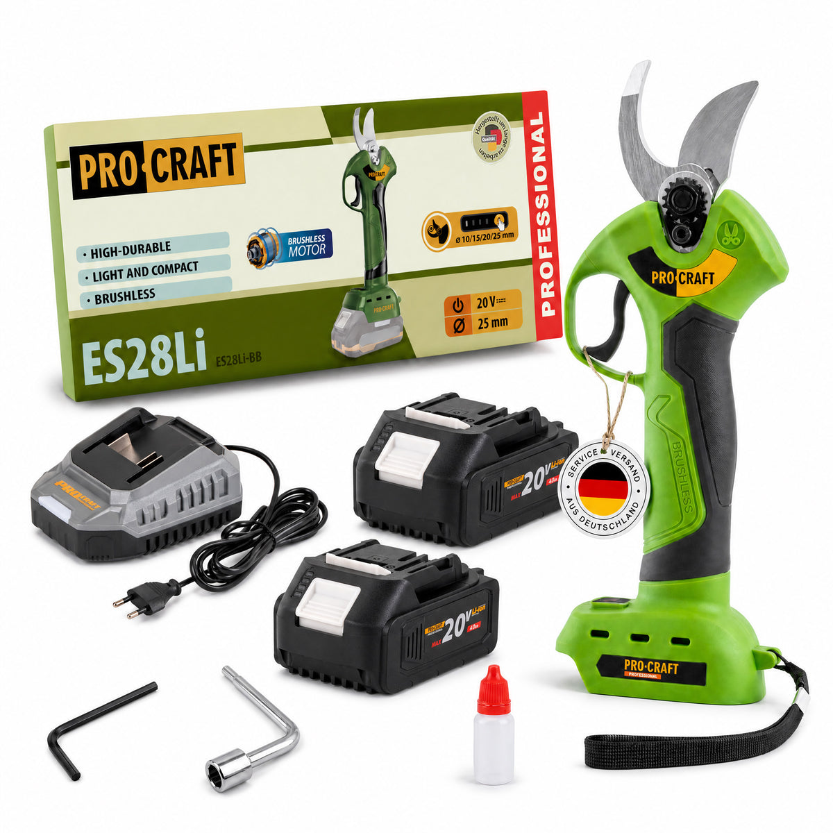 Procraft ES28Li bb Batterie sécateur 20 V 25 mm + 2x batterie 4,0 Ah + chargeur