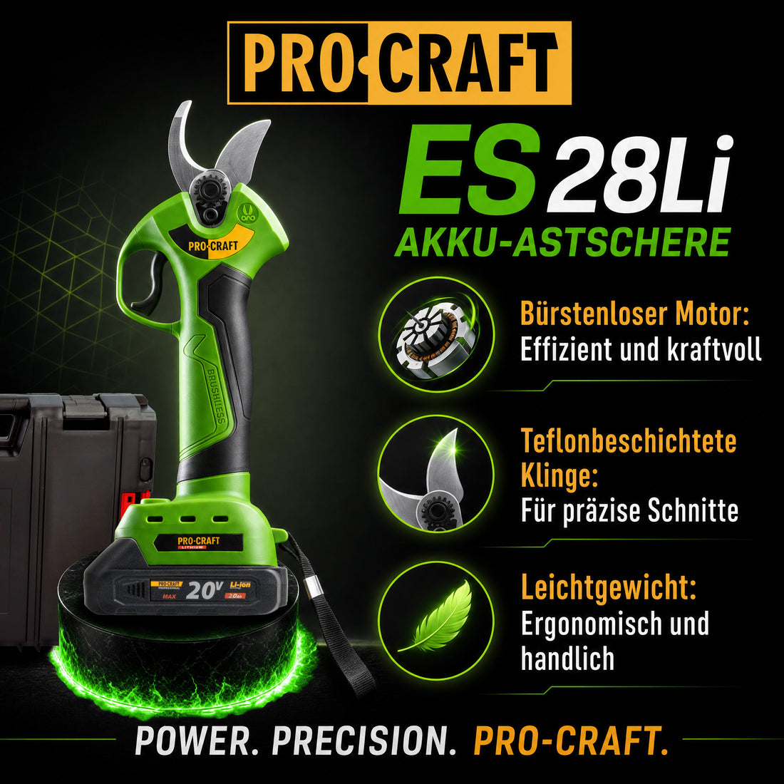 Procraft ES28Li bb sécateur sur batterie 20 V 25 mm + 1x batterie 2,0 Ah + boîte à outils RHINO - sans chargeur