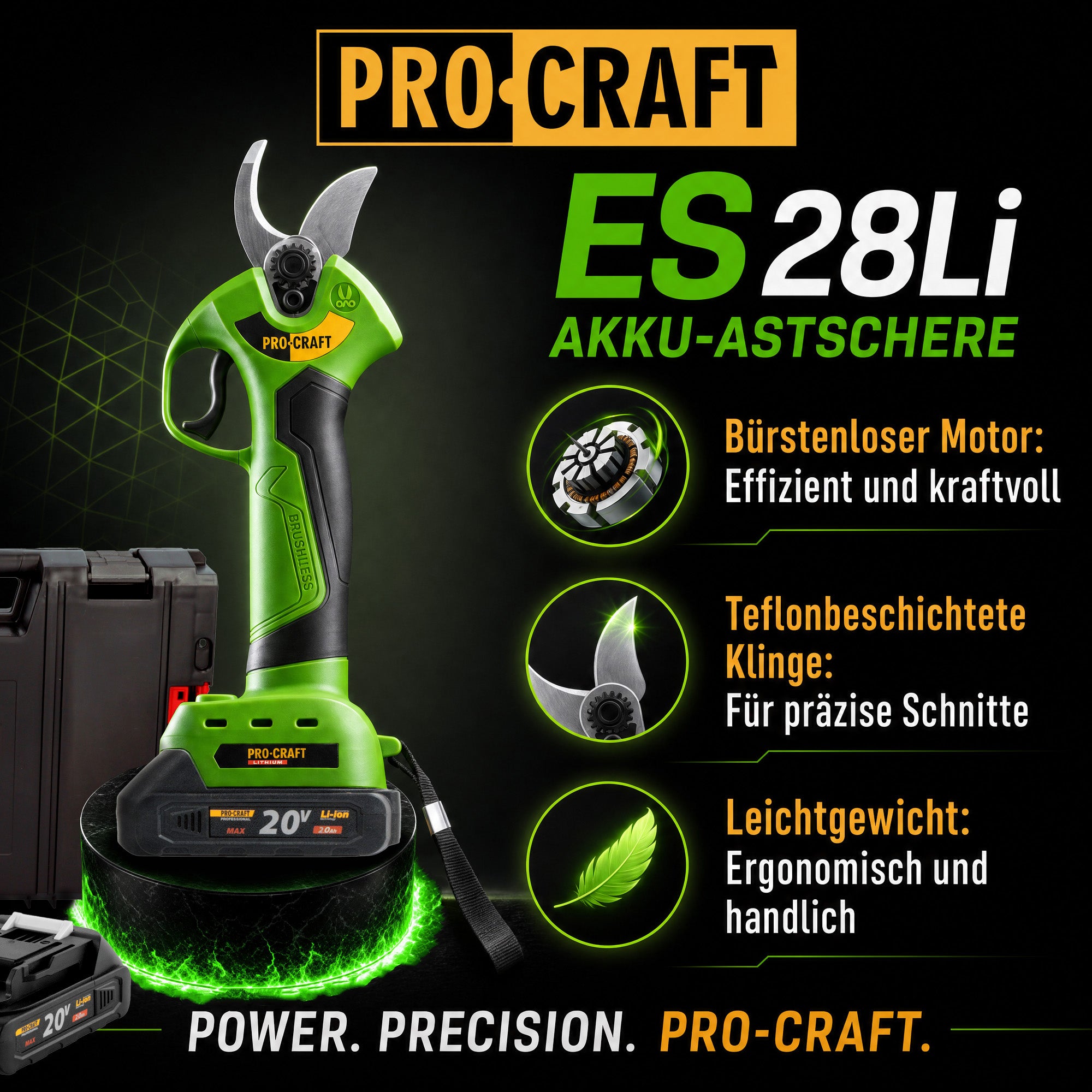 Procraft ES28Li bb Akku Astschere Gartenschere 20 V 25 mm 2x Akku 2 0 Ah Ladegeraet RHINO Toolcase 1 - toolbrothers