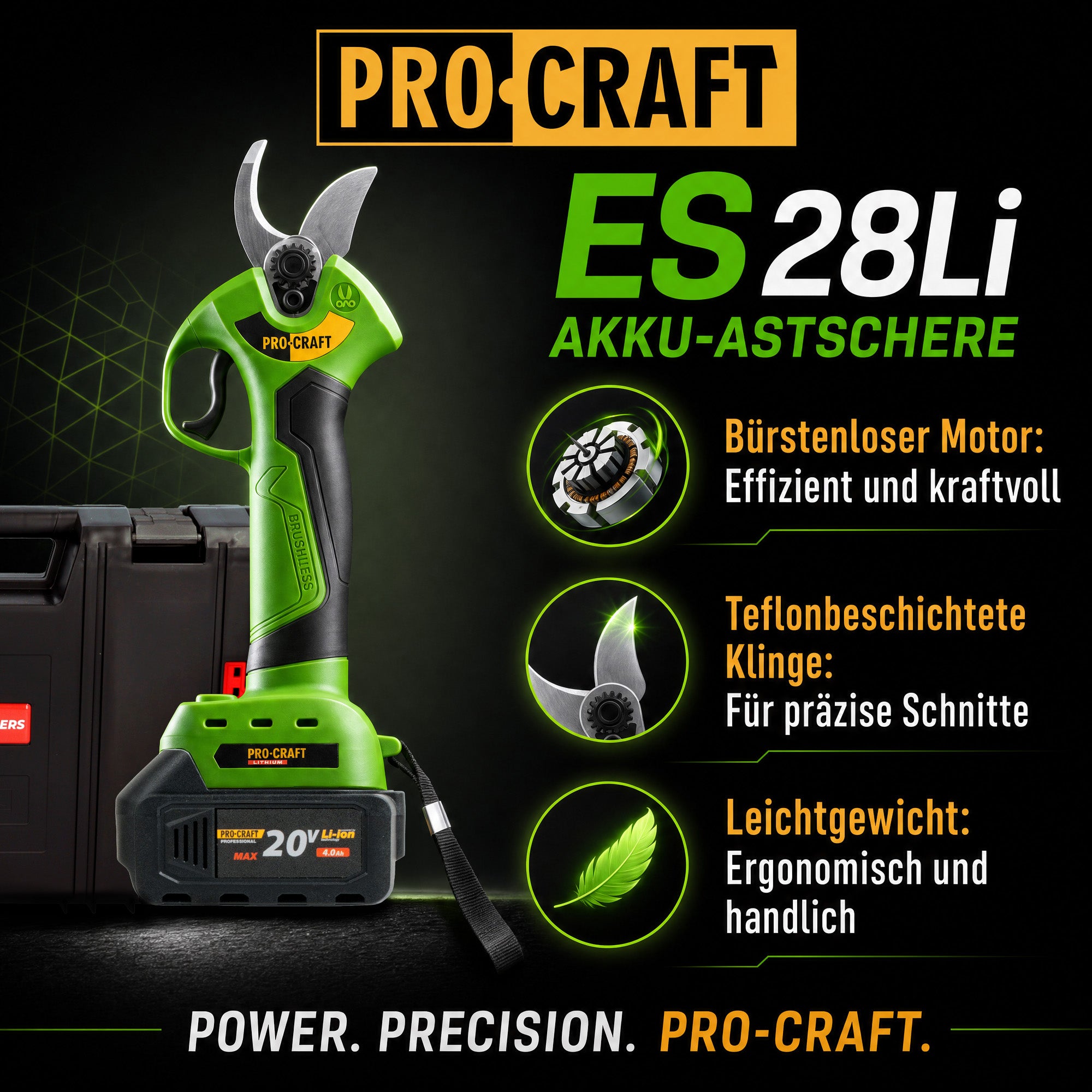 Procraft ES28Li bb Akku Astschere Gartenschere 20 V 25 mm 1x Akku 4 0 Ah RHINO Toolcase ohne Ladegeraet 1 - toolbrothers