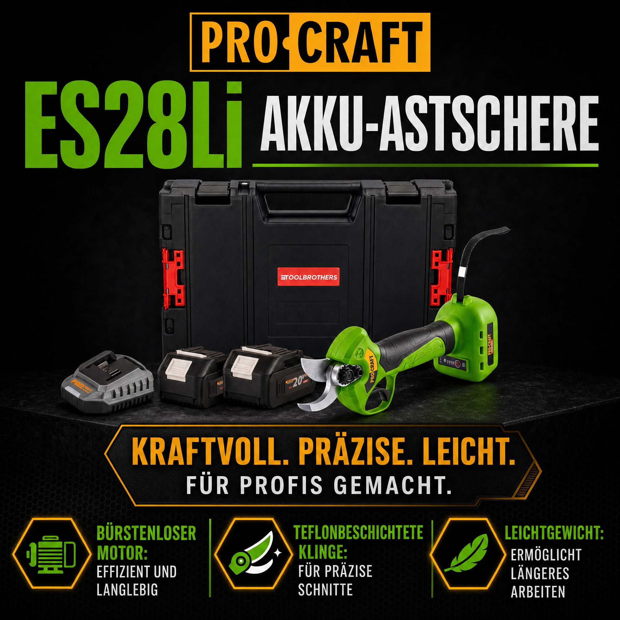 Procraft ES28Li bb Akku Astschere Gartenschere 20 V 25 mm 2x Akku 4 0 Ah Ladegeraet RHINO Toolcase 1 - toolbrothers