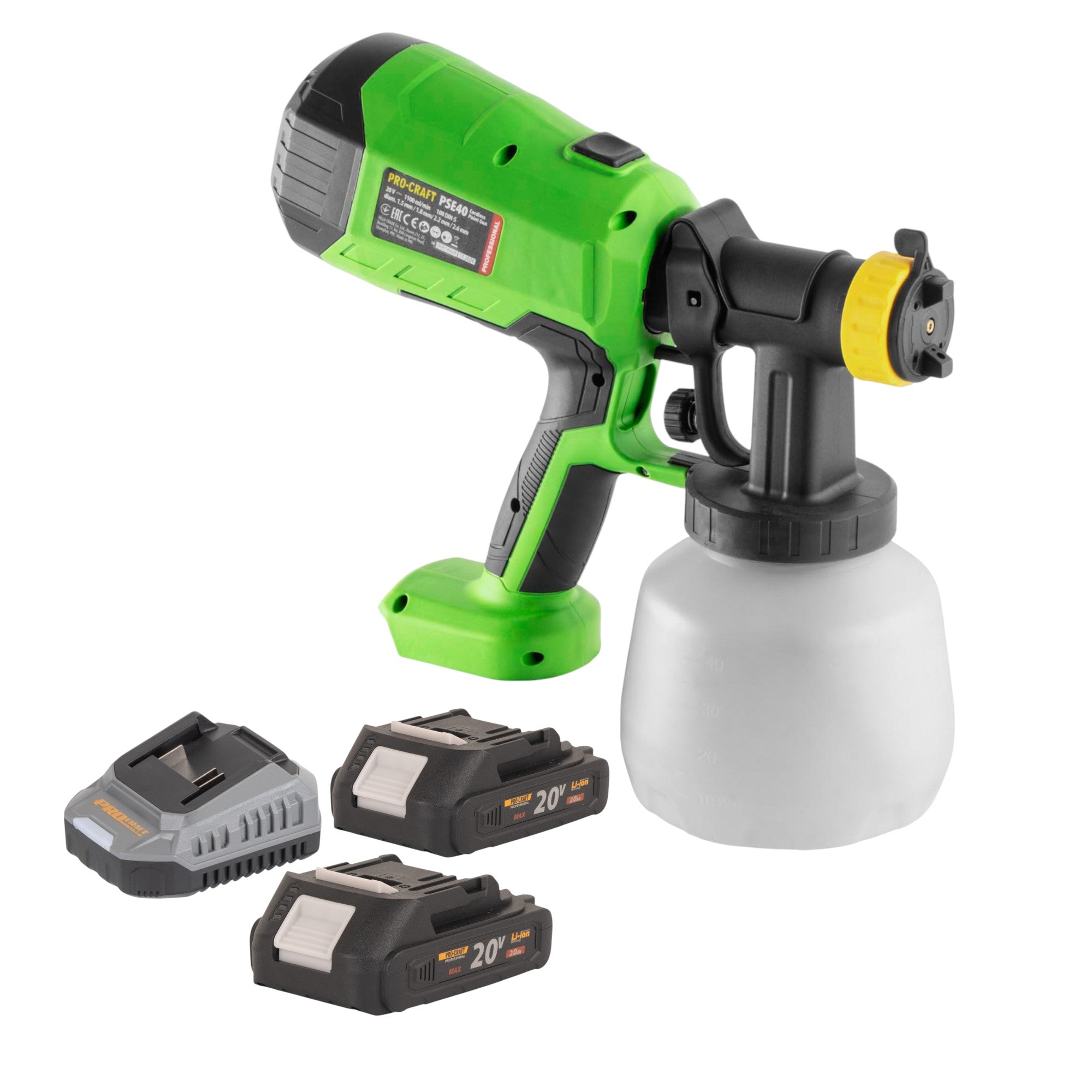 Procraft PSE40bb Akku Farbspritzpistole 20 V 2x Akku 2 0 Ah Ladegeraet 0 - toolbrothers