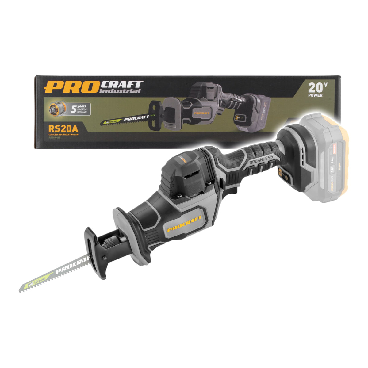 Procraft Industrial RS20Abb Scie sabre Recipro 20 V Brushless Solo - sans batterie, sans chargeur