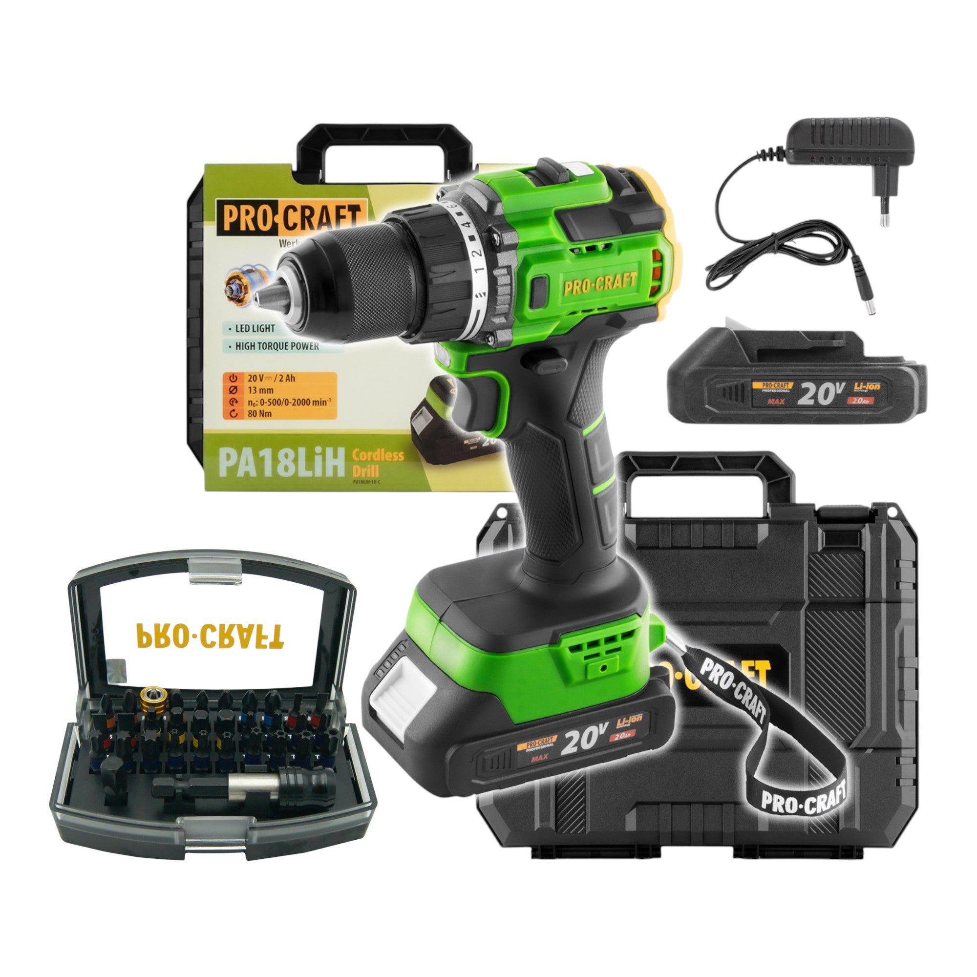 Procraft PA18LiH 1B C Akku Bohrschrauber 20 V 80 Nm Brushless 1x Akku 2 0 Ah Ladegeraet 32 tlg Bit Set Koffer 0 - toolbrothers