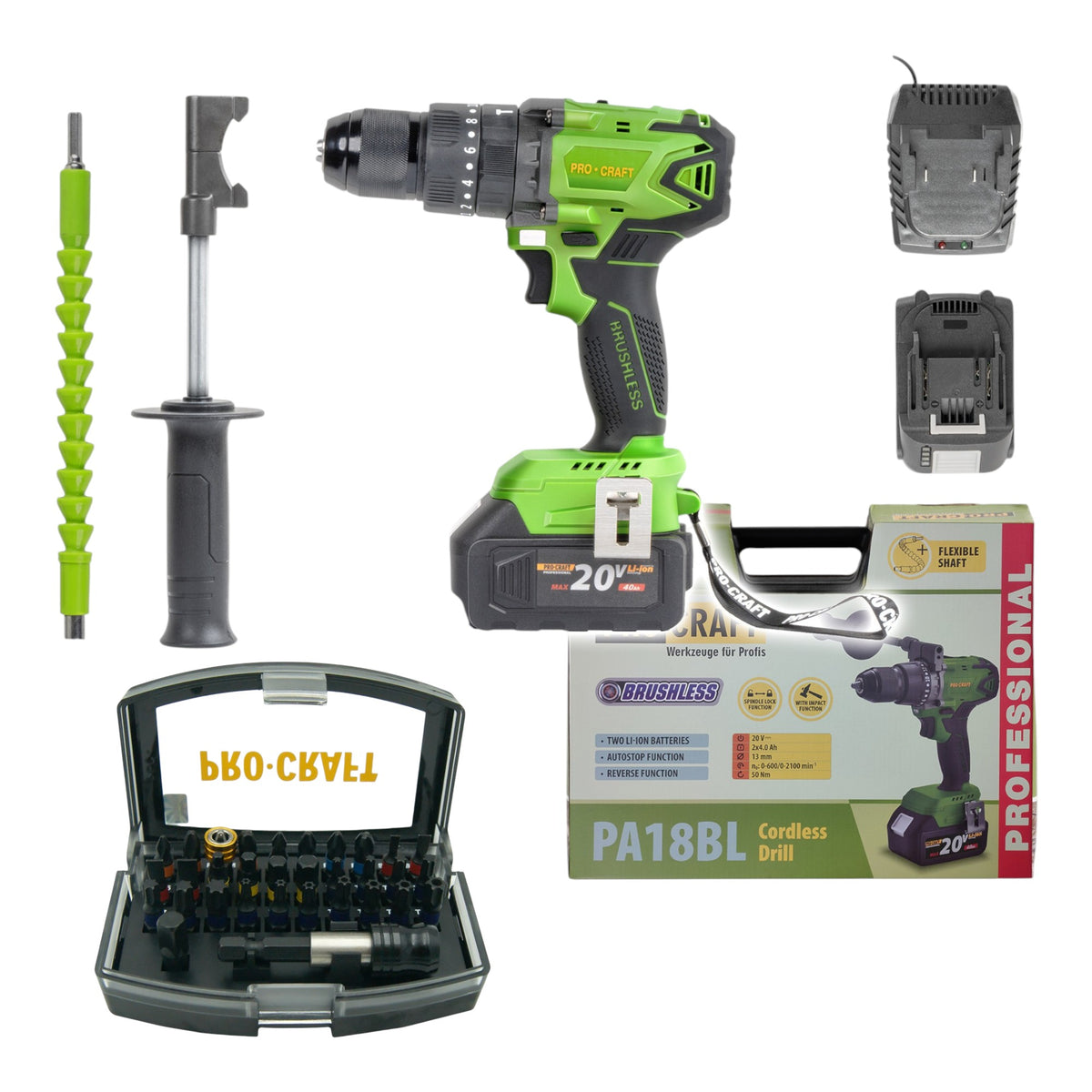 Procraft PA18BL Perceuse-visseuse à percussion sans fil 20 V 50 Nm Brushless + 2x batterie 4,0 Ah + chargeur + coffret