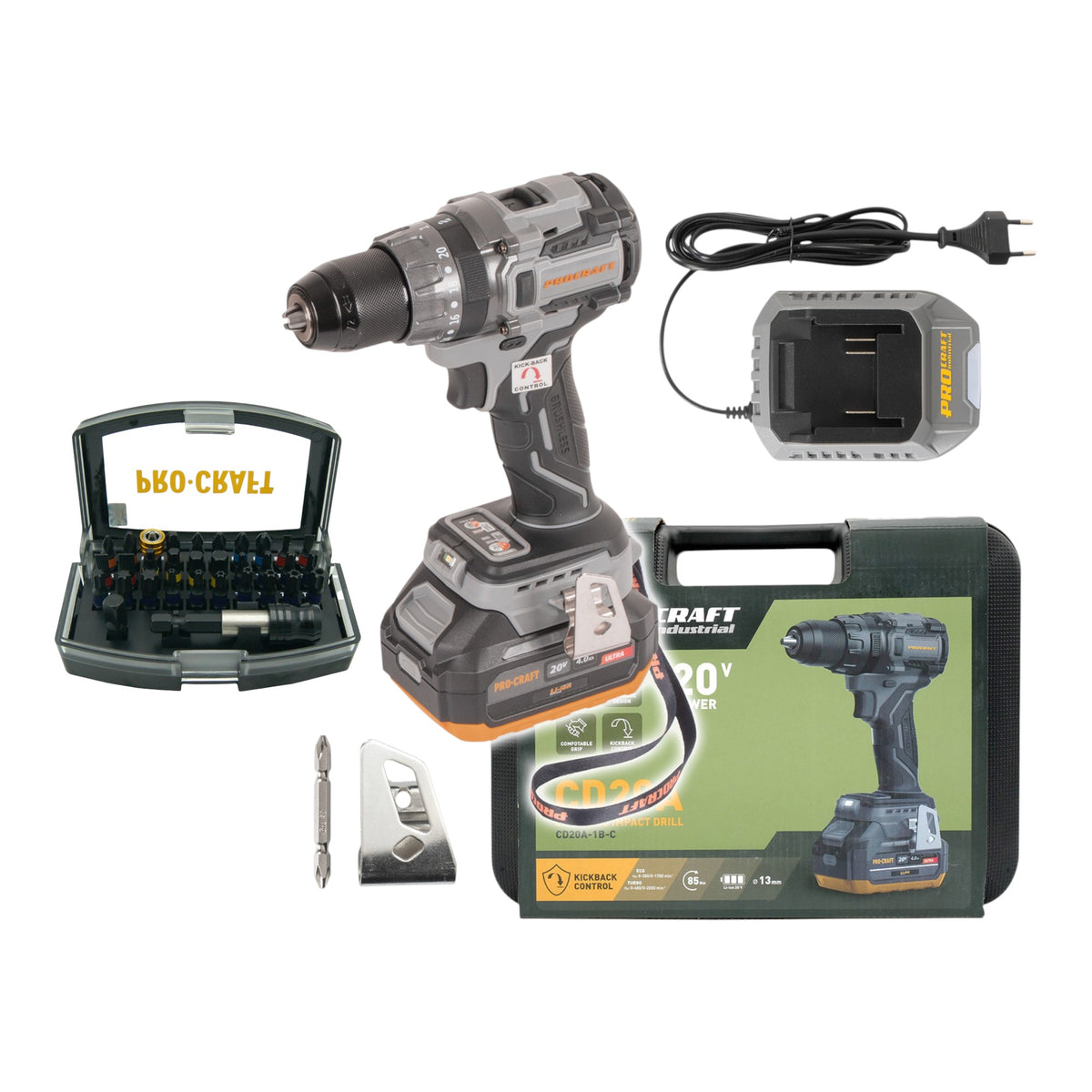 Procraft Industrial CD20A perceuse-visseuse à percussion sans fil 20 V 85 Nm + 1x batterie 4,0 Ah + chargeur + coffret