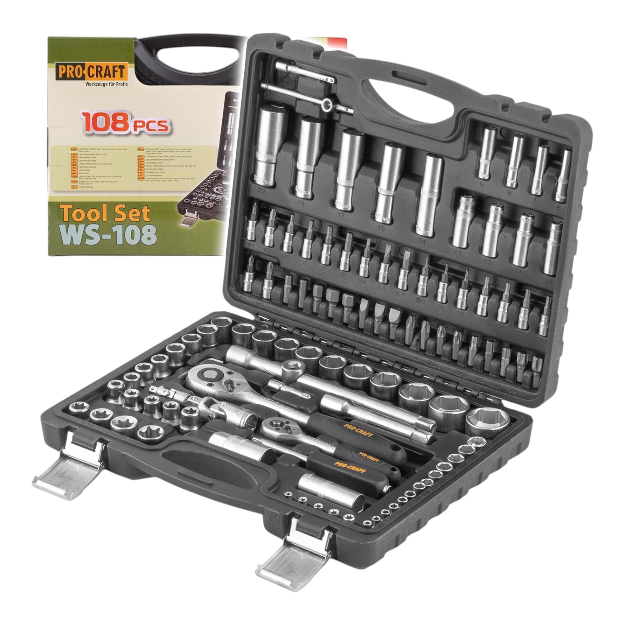 Procraft WS 108 72 Steckschluessel Set 108 tlg 1 4 1 2 Ratsche 72 Zaehne Schluessel Stecknuss Bits Koffer 0 - toolbrothers