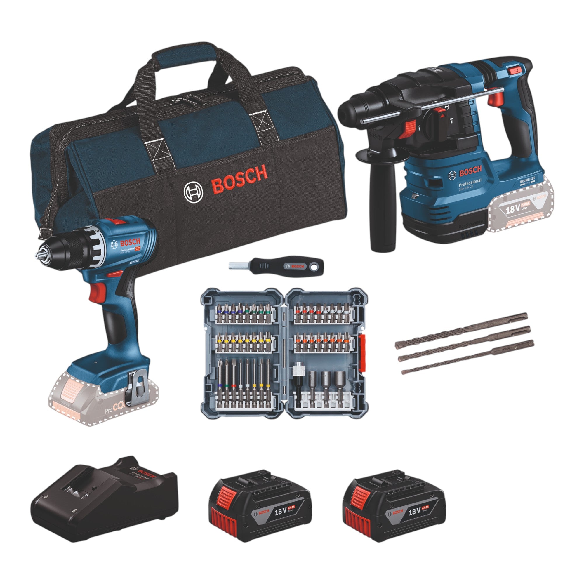 Bosch 18 V Profi Set 0615V0003D mit GSR 18V 45 GBH 18V 22 45 tlg Bit Set 3 tlg SDS plus 5 Schlagbohrer Set 2x Akku 4 0 Ah Ladegeraet Tasche 0 - toolbrothers