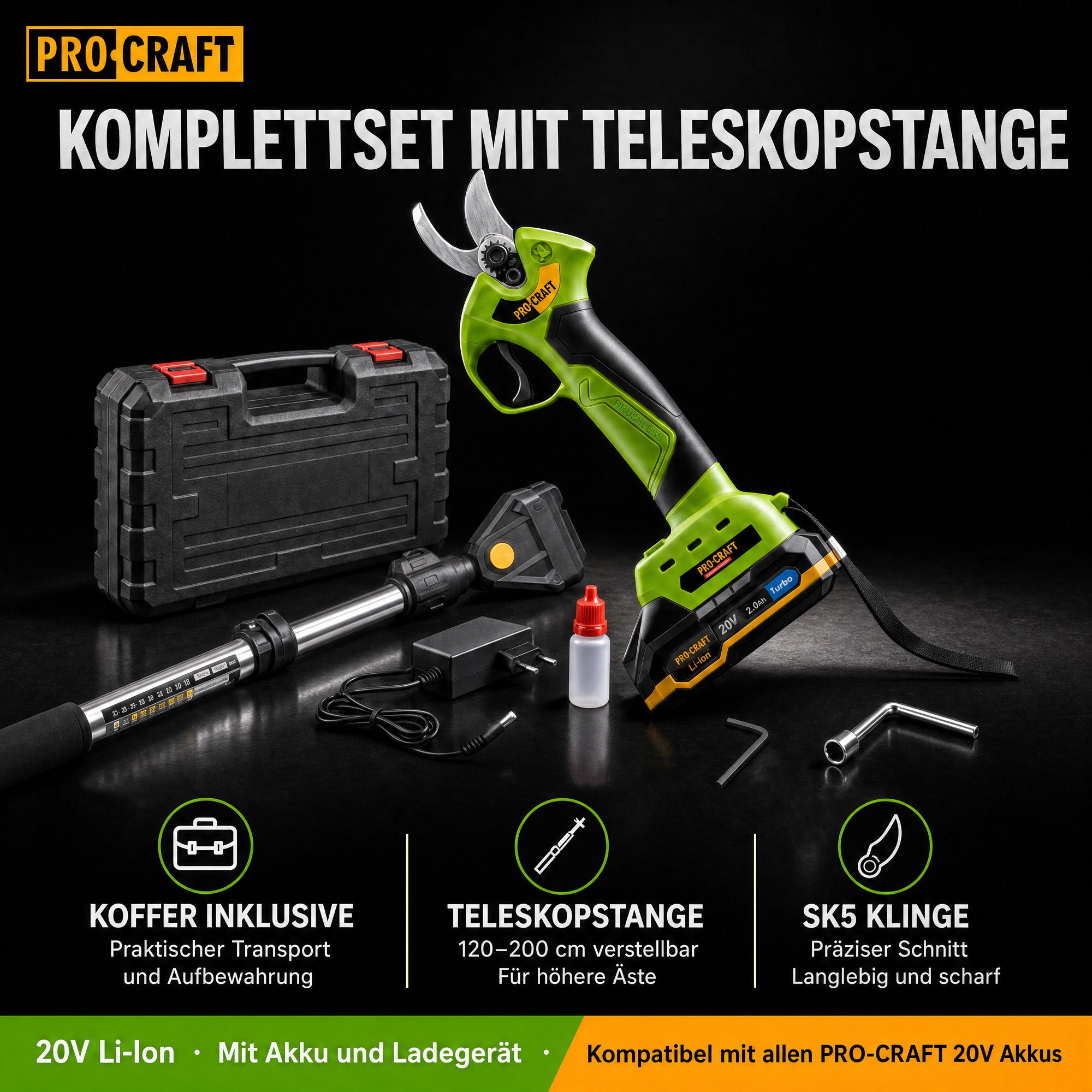 Procraft ES28Li Akku Astschere 20 V Brushless Teleskop Verlaengerung Aufsatz 1x Akku 2 0 Ah Ladegeraet Koffer 1 - toolbrothers