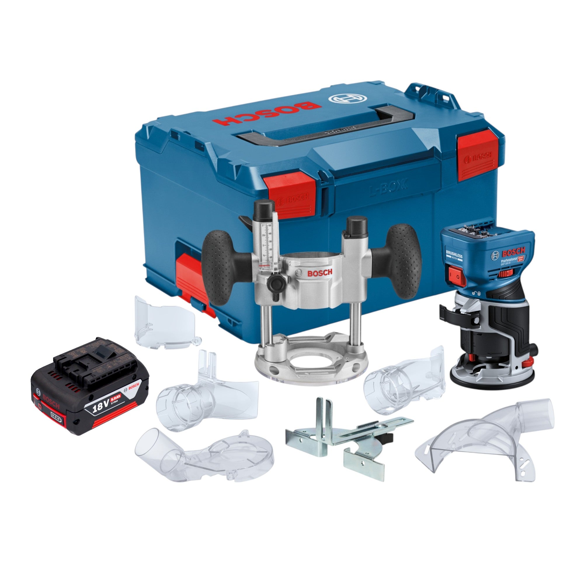 Bosch GKF 18V 8 Professional Akku Kantenfraese 18 V 8 0 mm Brushless 1x Akku 5 0 Ah Taucheinheit L Boxx ohne Ladegeraet 0 - toolbrothers